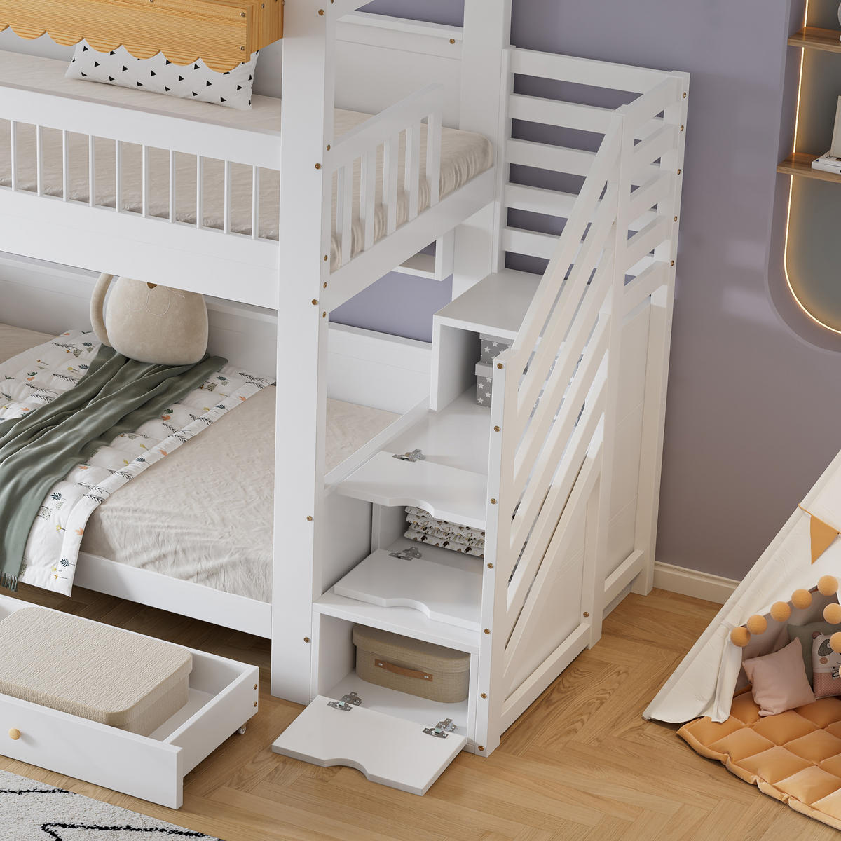 ETAGENBETT 90/200 cm in Weiß & Natur mit 2 Schubladen, Regal und Treppenschrank aus Kiefer & MDF - Weiß/Naturfarben, Holzwerkstoff (90/200cm) - STILVORA