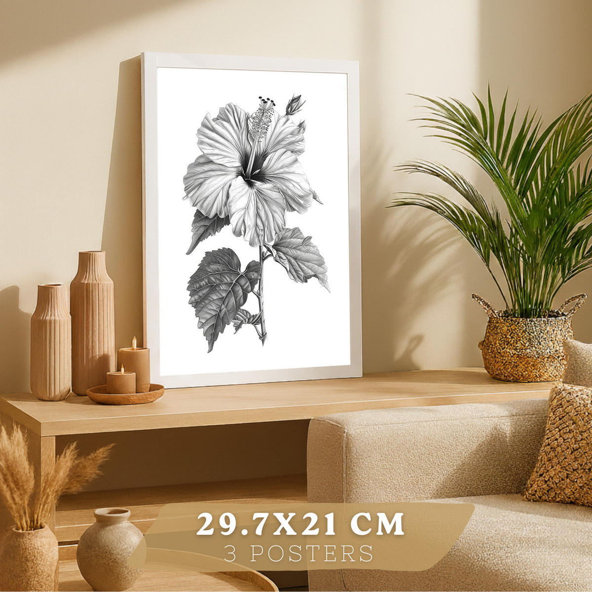 PLAKAT Sada 3 obrázků květin. Dekorativní nástěnné tisky Květiny tužkou. botanický plakát na zeď. Černobílé květinové malby.Velikost A4 Bílý rám - bílá, papír (29.7/42/3cm)