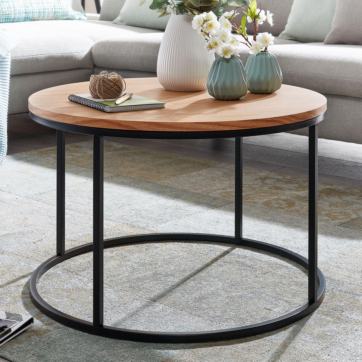 COUCHTISCH in Eichenholz-Optik mit Metallgestell und pflegeleichter Oberfläche - Schwarz/Braun, Holz/Metall (70/70/45cm) - KADIMA DESIGN