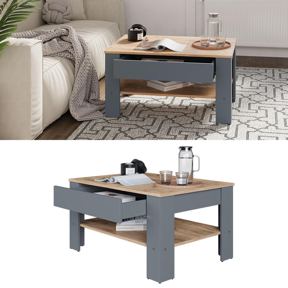 COUCHTISCH Milan Anthrazit/Goldkraft Eiche 92.2 x 65 cm - Honigeiche/Anthrazit, Holzwerkstoff (65/92.2/48cm) - Vicco