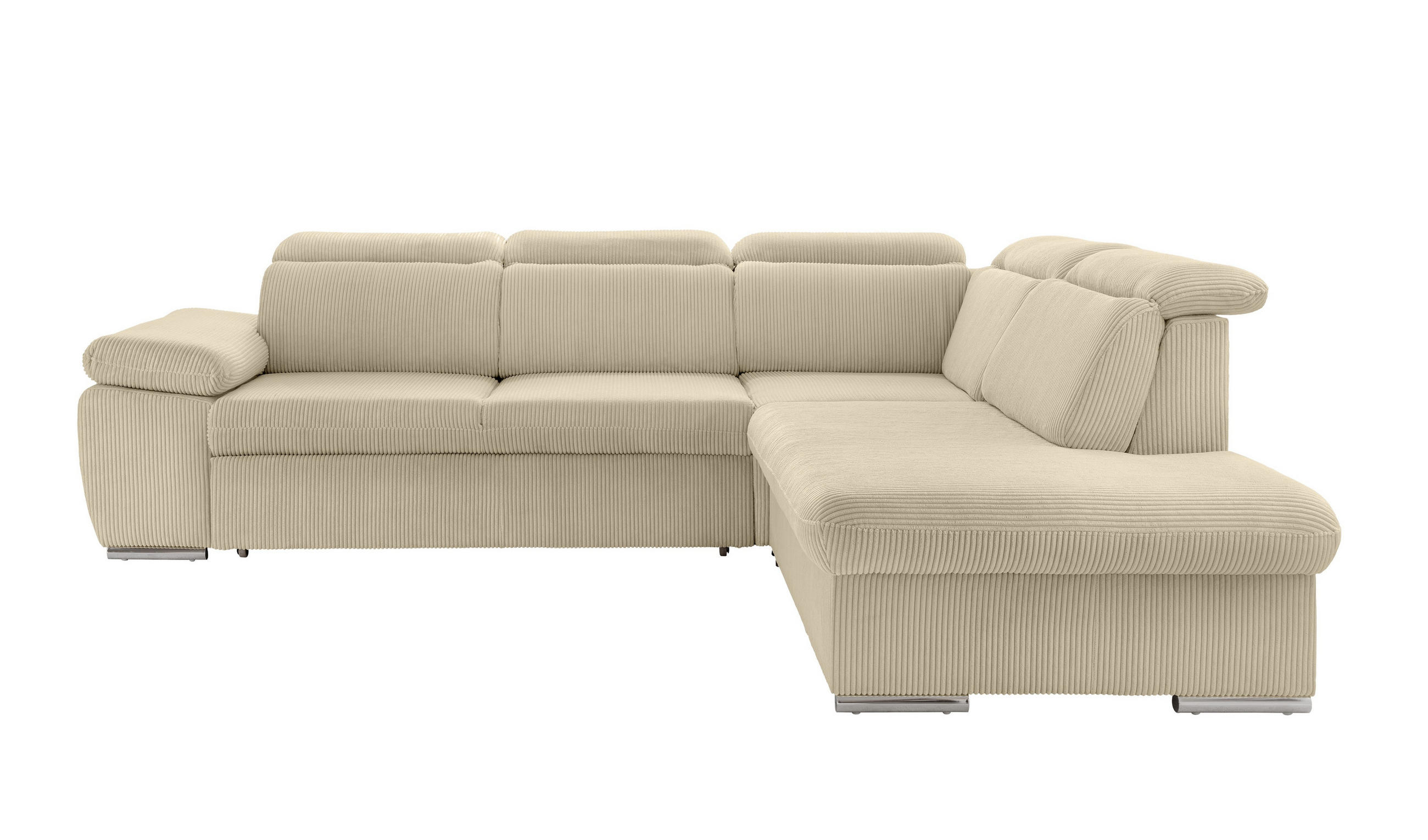 ECKSOFA mit Schlaffunktion, Bettkasten, Kopfstützen verstellbar, Wellenunterfederung, Ottomane rechts B283/T228/H102 cm, Cord Beige Grau / 17216 - Chromfarben/Greige, Textil/Metall (283/228cm) - luma-home