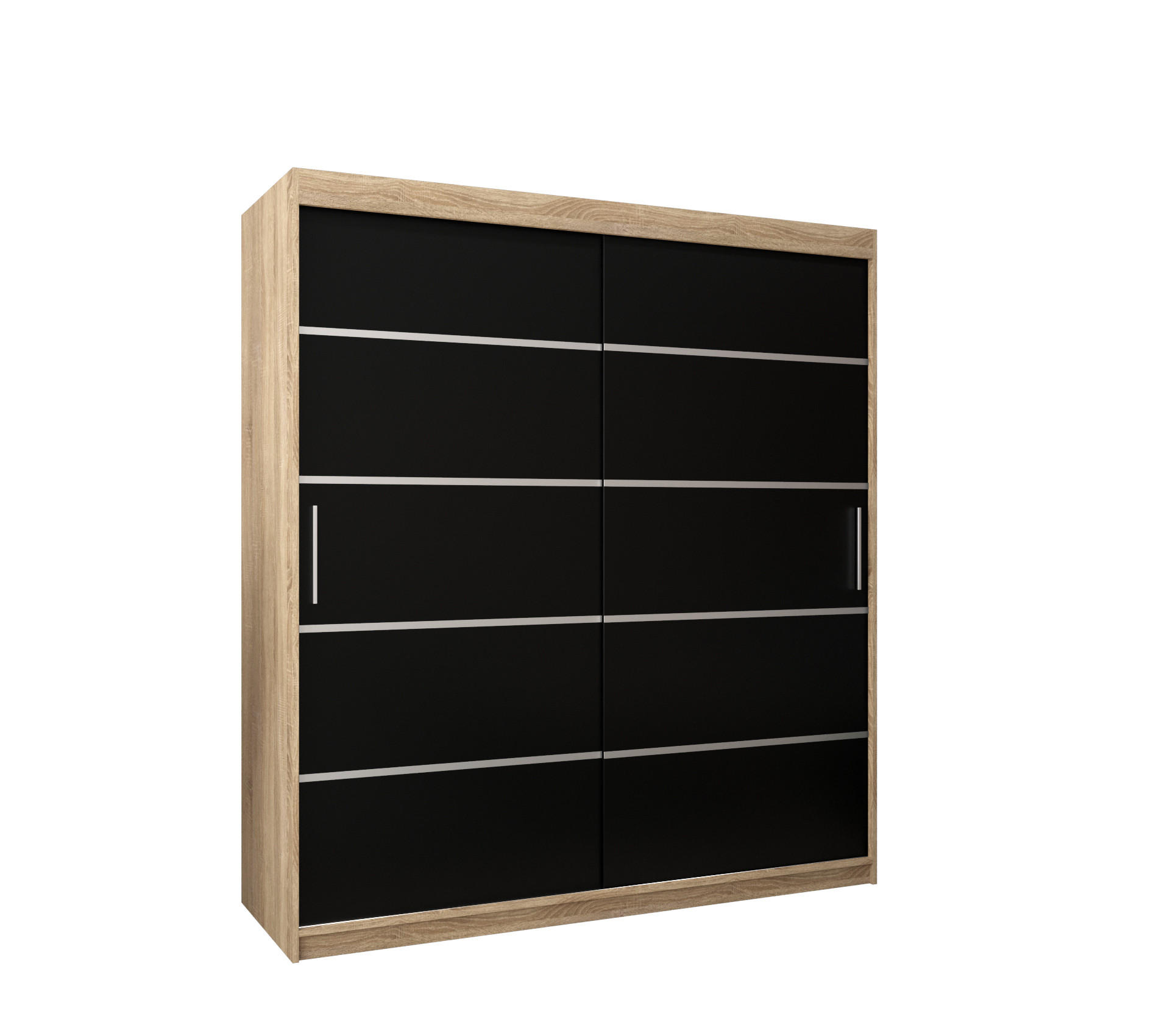 Möbel Kryspol Schwebetürenschrank Sonoma Eiche, Schwarz, Silber 180x200x62 cm