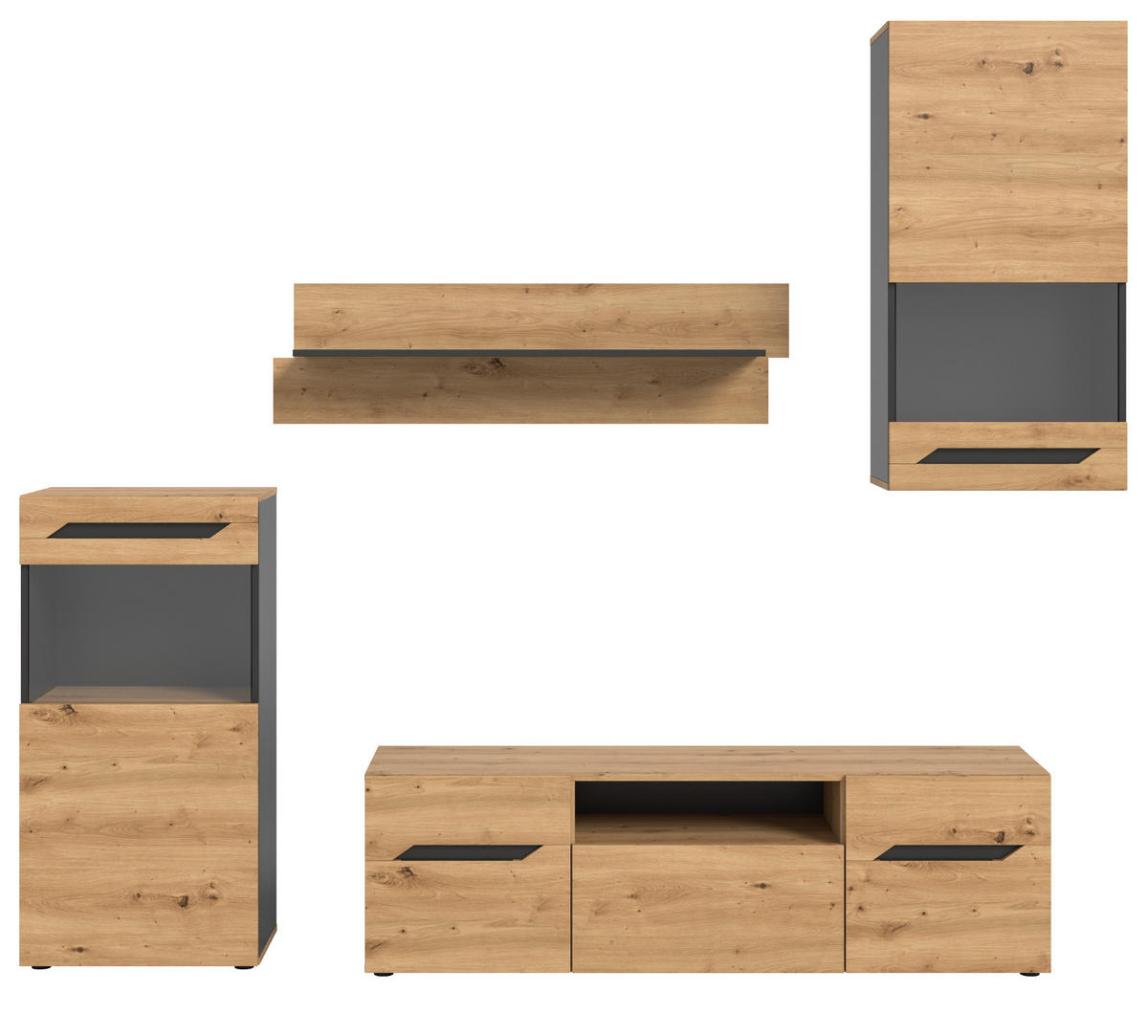 WOHNWAND Eiche Artisan und Grau, Set mit 2x Vitrine hängend / stehend, Breite 260 cm - Dunkelgrau/Schwarz, Glas/Holzwerkstoff (354/196/40cm) - Inn.Furn