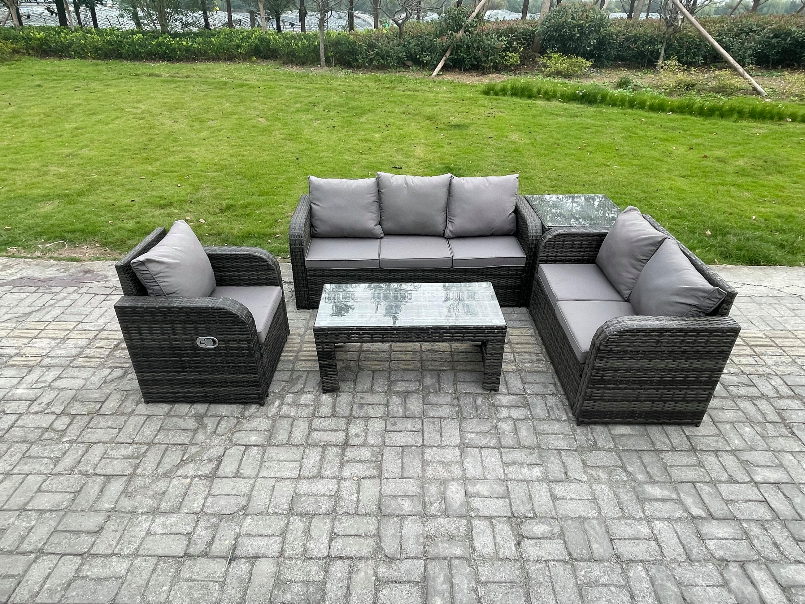 GARTENSOFA SET mit rechteckigem COUCHTISCH Polyrattan 6-Sitzer Dunkelgrau - Dunkelgrau/Grau, Glas/Kunststoff - Fimous