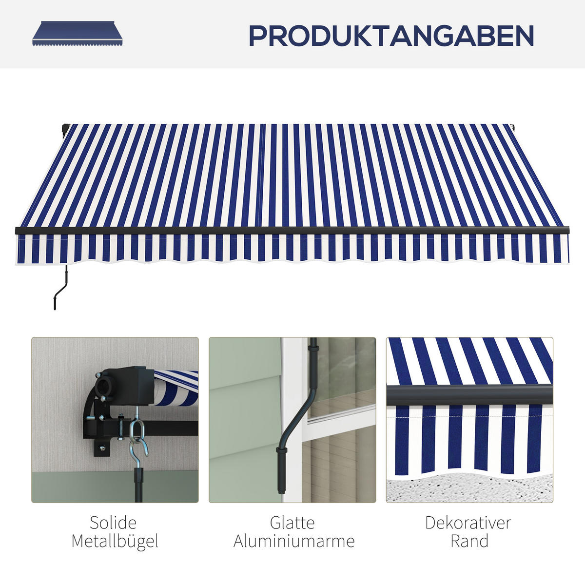 MARKISE, Blau+Weiß, Polyesterstoff, Aluminium - Blau, Metall (290/1/350cm) - Outsunny