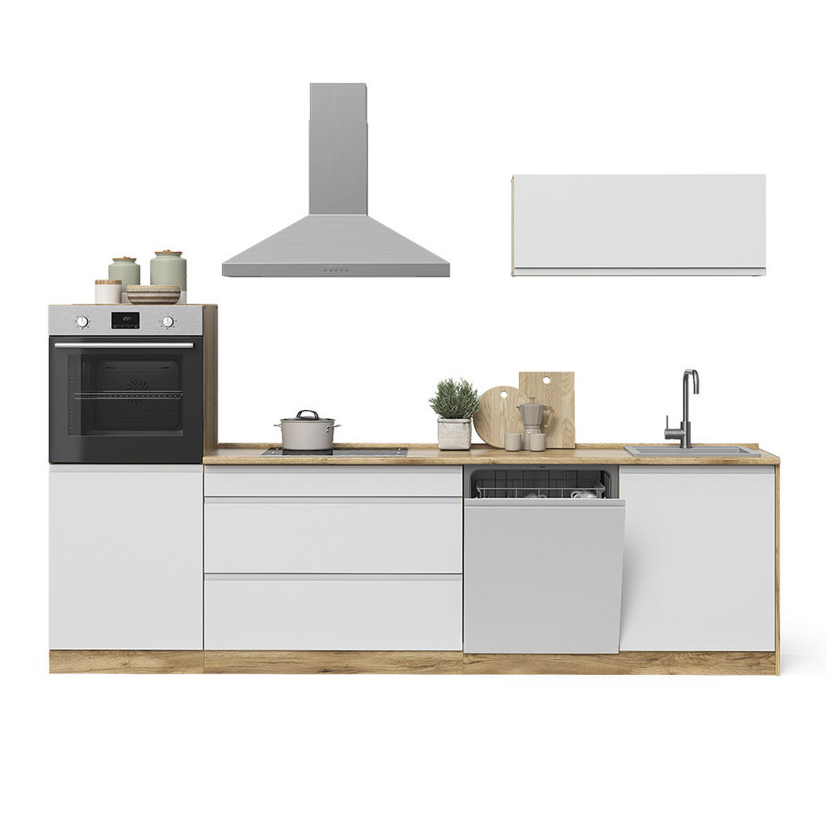 KÜCHENZEILE R-Line, Weiß/Goldkraft Eiche, 280 cm Arbeitsplatte Platin - Eichefarben/Weiß, Holzwerkstoff (280/143/60cm) - Vicco