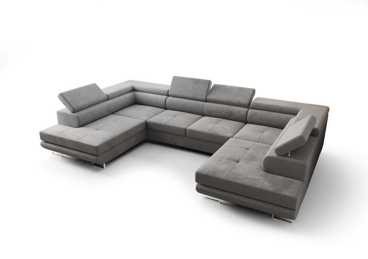 WOHNLANDSCHAFT PRAGA DESIGN U, Eckcouch in U-Form mit Schlaffunktion, Farbe: Hellgrau, Velourstoff, Ottomane Universal - Hellgrau, Textil (342/89/202cm) - O-Sofa