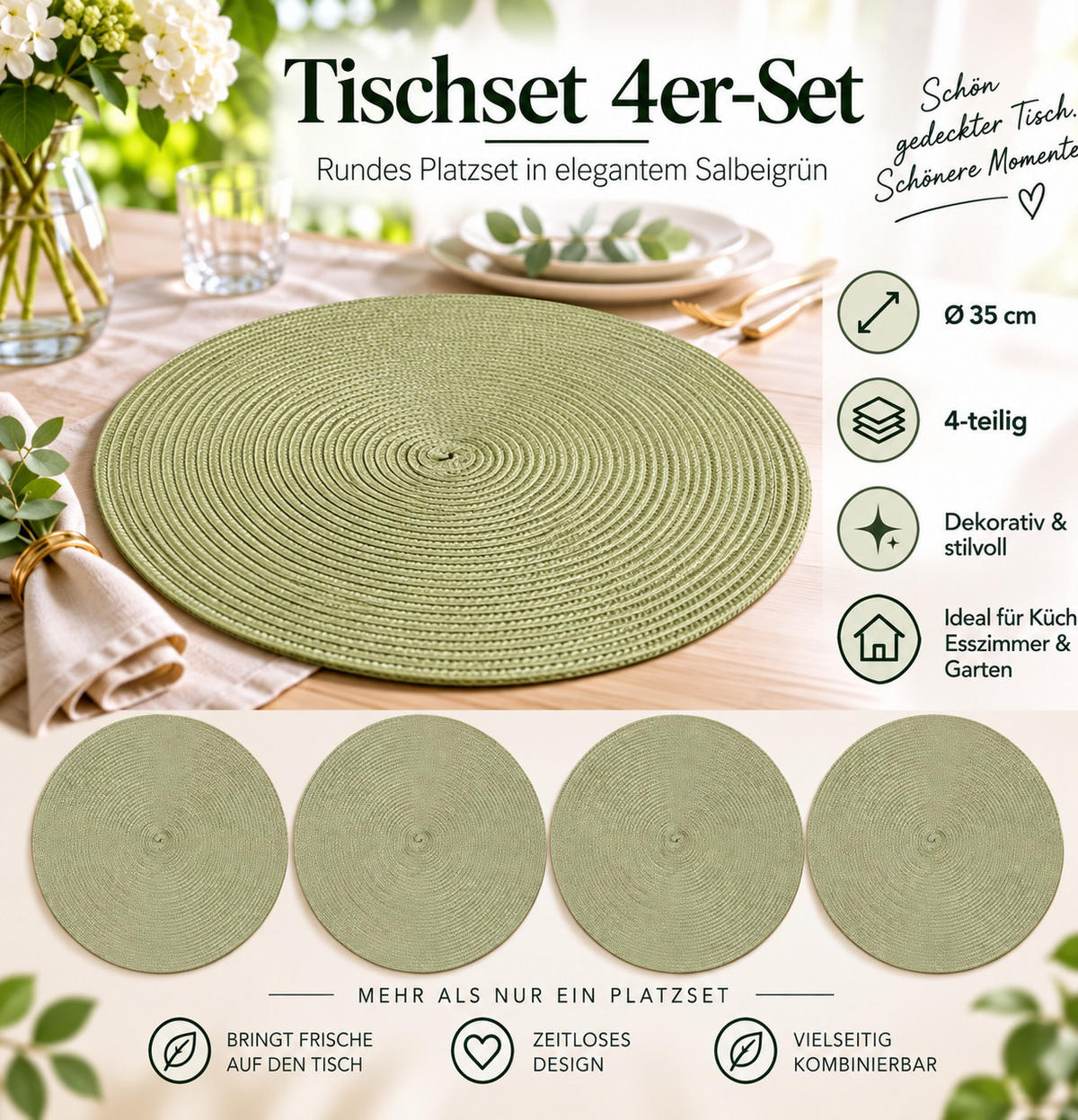 PLATZSET 4er Set Polypro Natur 35 cm rund - Naturfarben, Kunststoff (35cm) - TiborTex