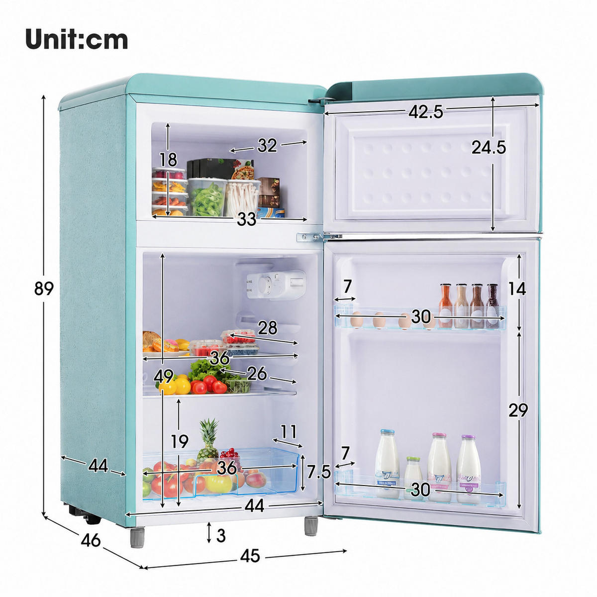 KÜHL-GEFRIER-KOMBINATION 72 l, 21 l Gefriervolumen, Energieeffizienzklasse E, Cyan - Türkis, Metall (45/76/46cm) - FOHERE