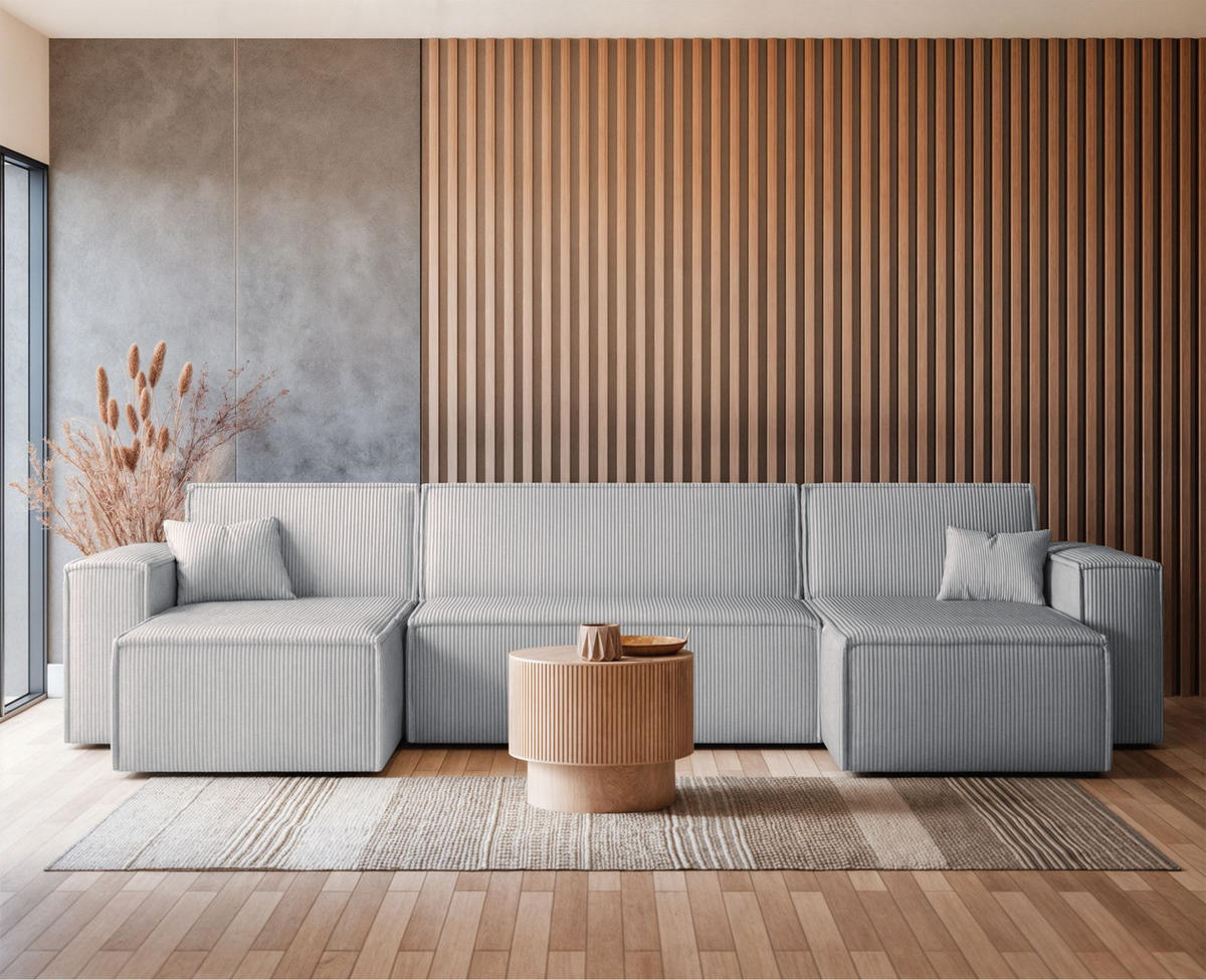 WOHNLANDSCHAFT Scarlo Hellgrau Cordbezug - Hellgrau/Schwarz, Kunststoff/Textil (312/83/145cm) - Selsey