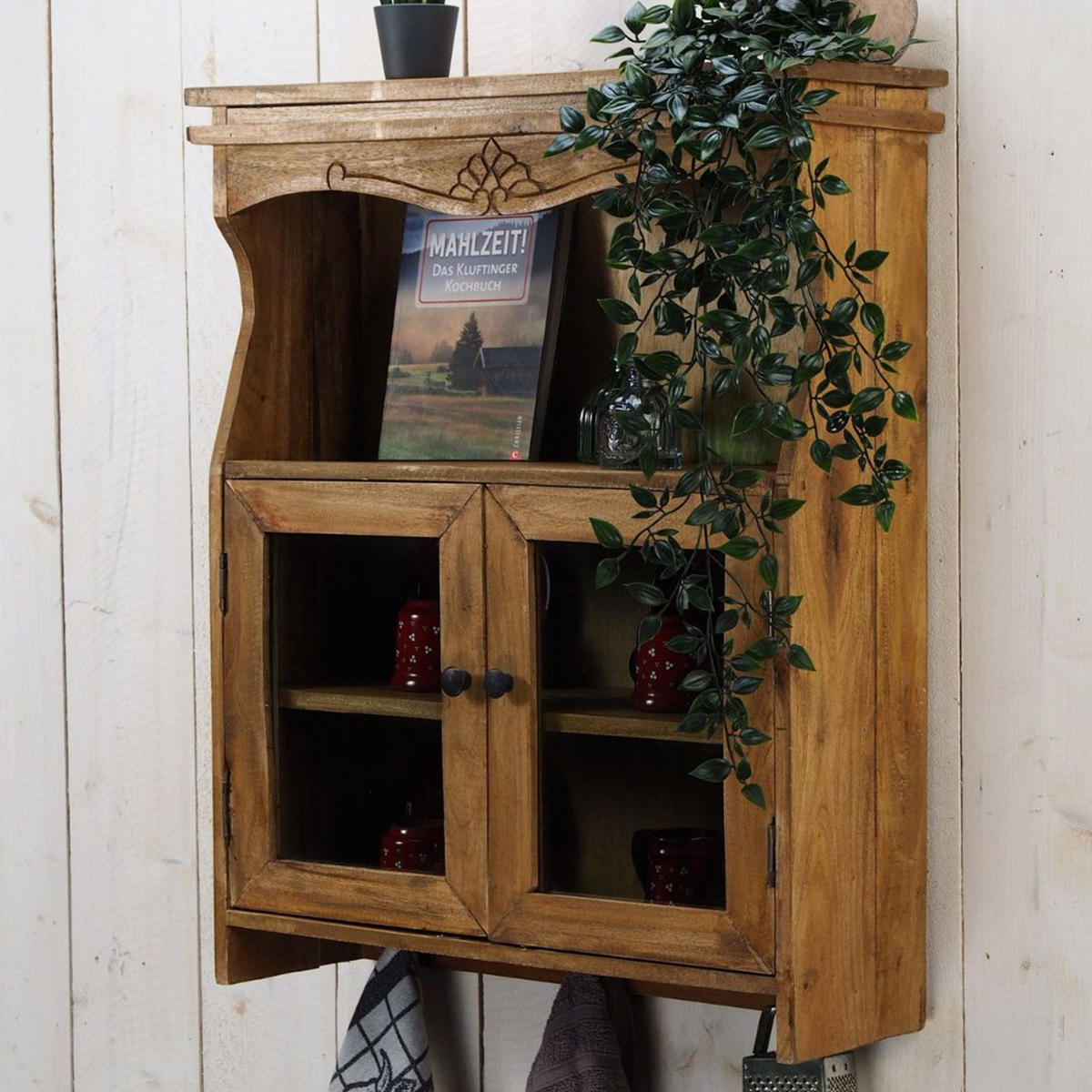 WANDSCHRANK Ribera Mahagoni Massivholz, 2 Glastüren, 3 Haken naturfarben - Naturfarben, Holz (60/73/19cm) - CREEDWOOD