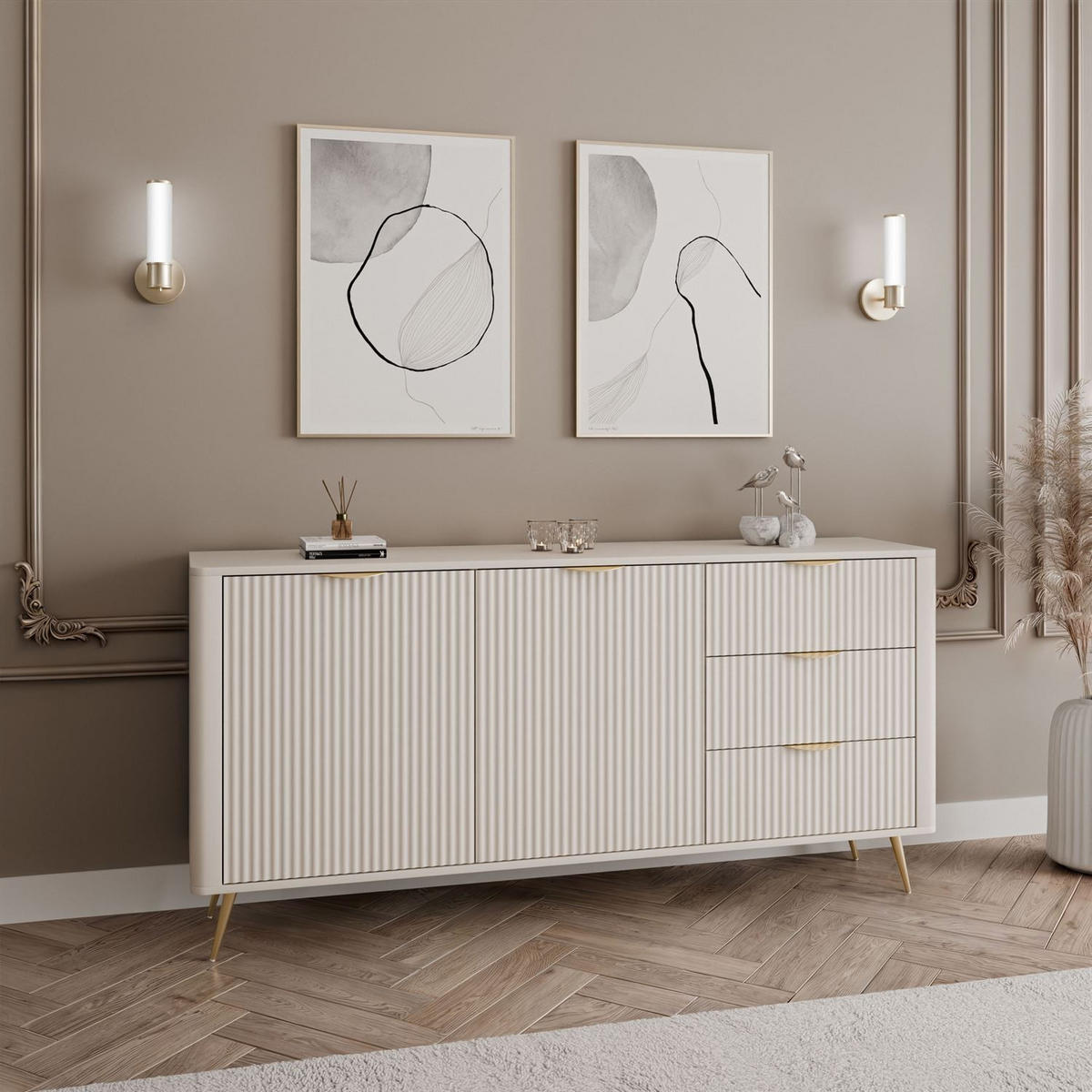 SIDEBOARD SCARLETT 163 2D3S MIT SCHUBLADEN BEIGE + GOLD - Beige, Holzwerkstoff (163/81/38cm) - Lookway