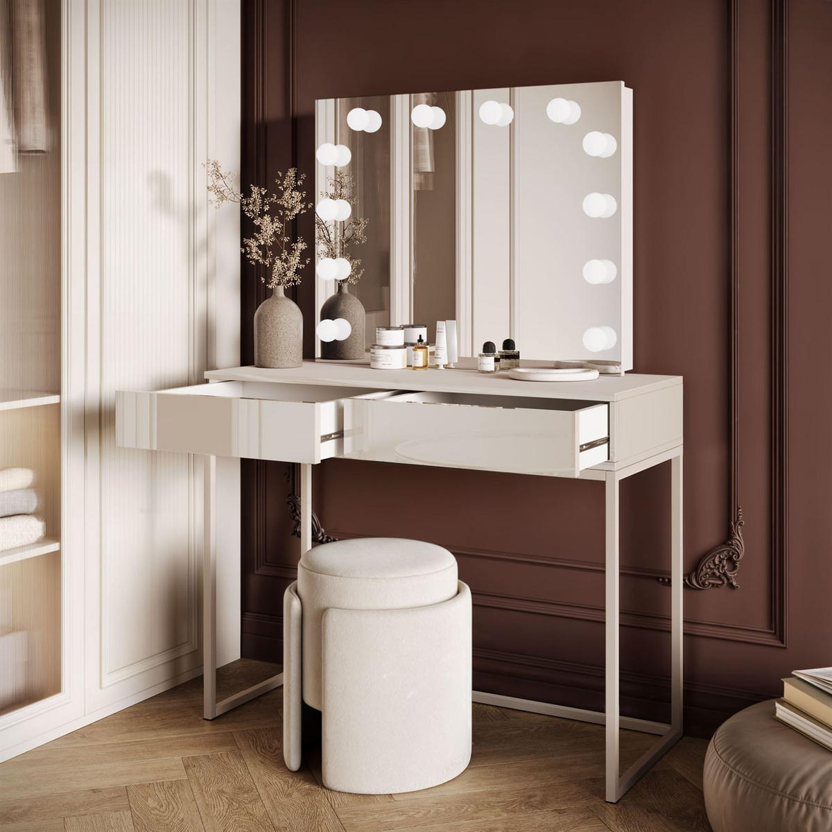 SCHMINKTISCH Blanco Kaschmir Elite mit Beleuchtung PUSH OPEN - Kaschmir, Holzwerkstoff (100/81/42cm) - Lookway