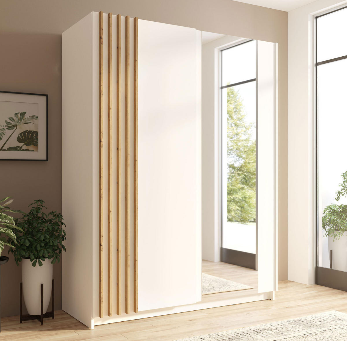 SCHWEBETÜRENSCHRANK Bayadero weiß eiche artisan 200 cm / 63 cm / 199 cm - Weiß/Braun, Holz/Holzwerkstoff (200/198/63cm) - Feldmann-Wohnen