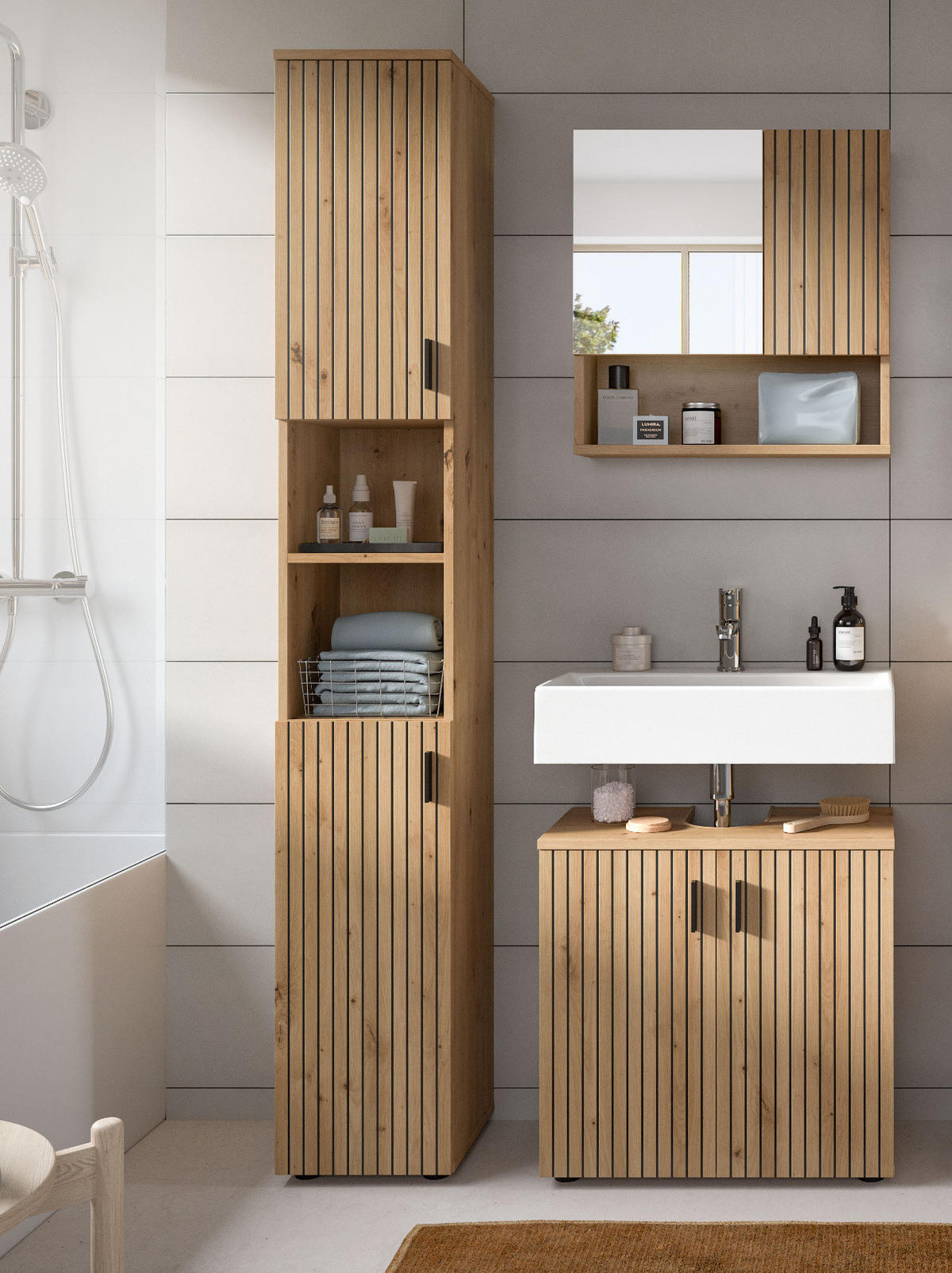 BADMÖBEL-SET Eiche Artisan 3-teilig 105 cm, Badkombination mit Rillen-Optik - Schwarz/Eiche Artisan, Glas/Holzwerkstoff (105/192/30cm) - Inn.Furn