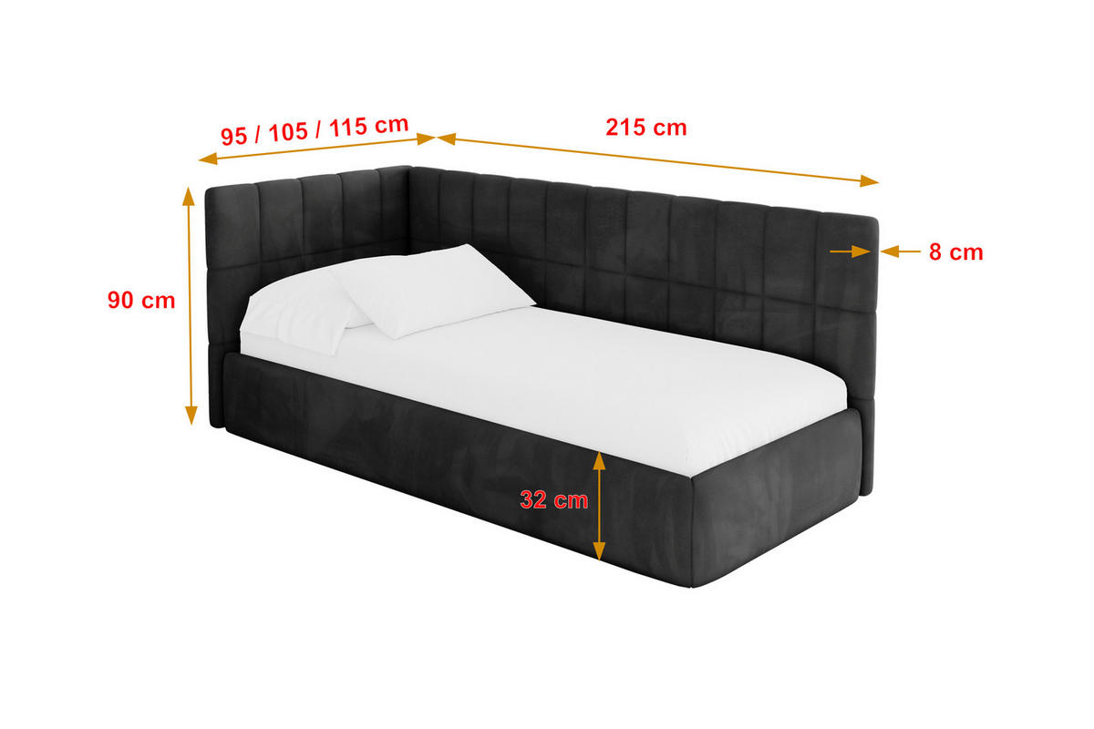 EINZELLBETT Jugendbett mit Bettkasten, Rechts - TULY 100x200 Schwarz - Anthrazit, Holzwerkstoff/Textil (100/200cm) - ALTDECOR