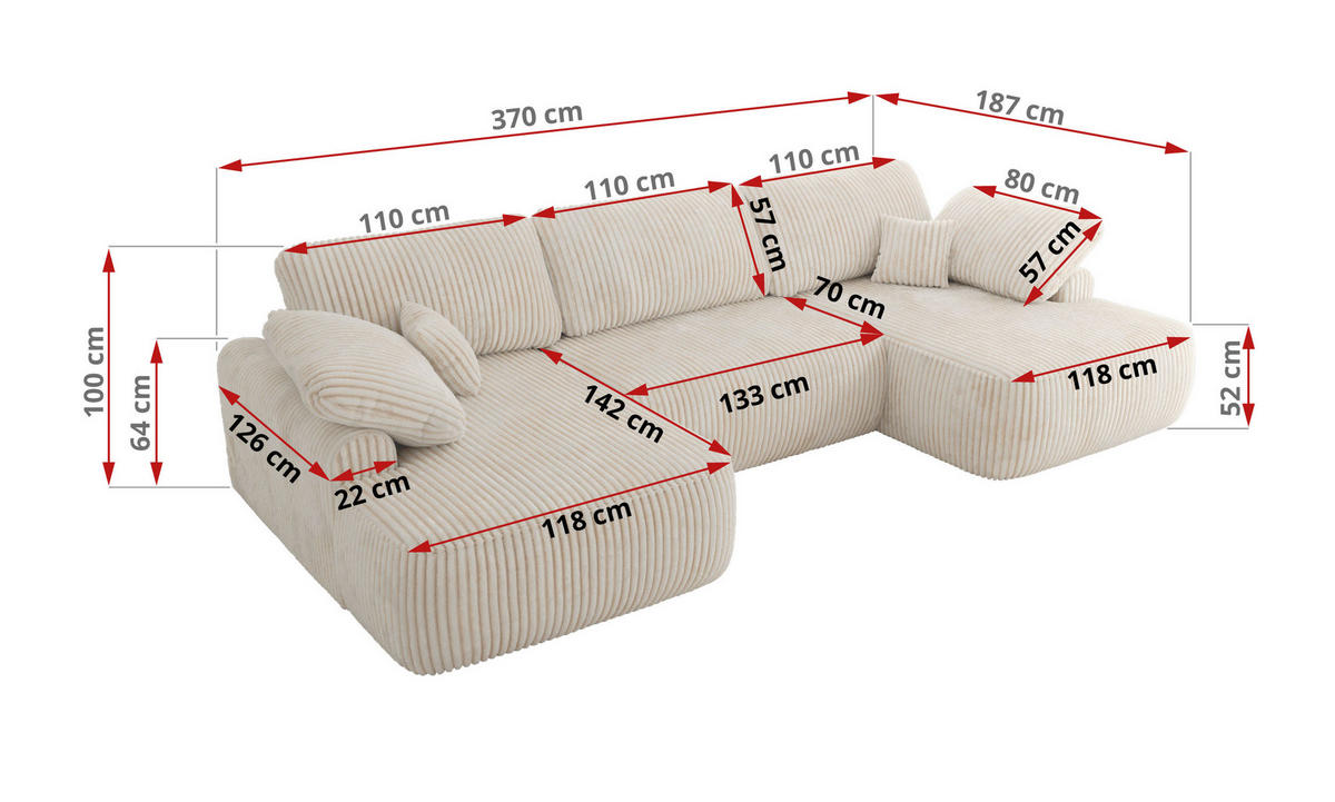 WOHNLANDSCHAFT CUBO U Creme Cord - Creme/Schwarz, Kunststoff/Textil (370/100/187cm) - MKS