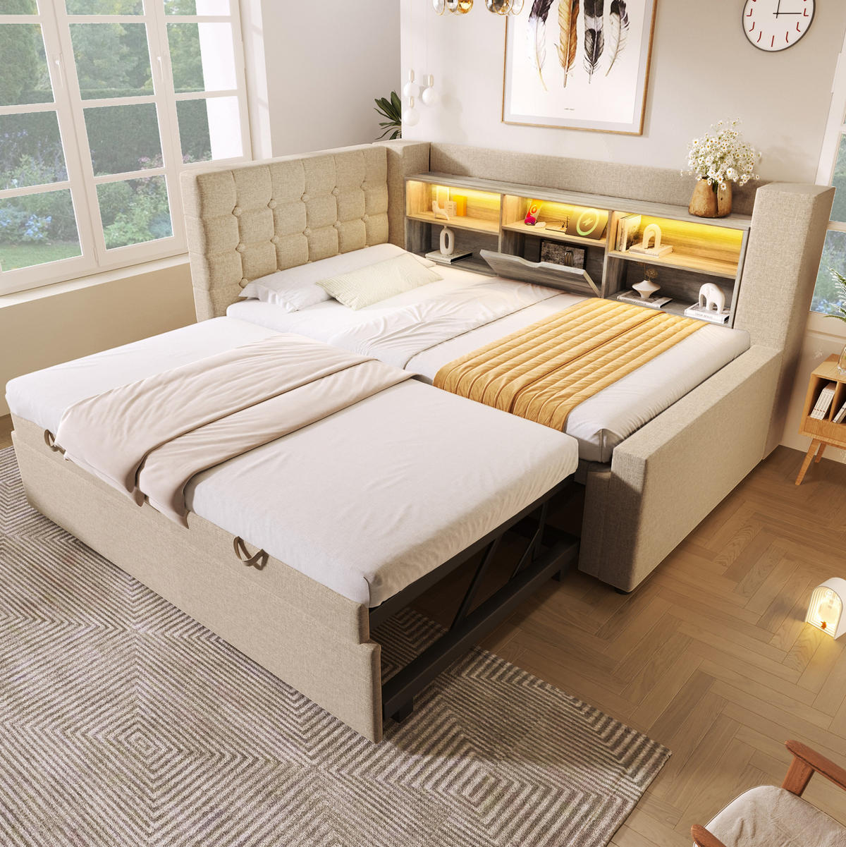 BETT mit Ausziehbett und Stauraum 90x200 cm Leinen Beige - Beige, Metall (90/200cm) - Beauniv