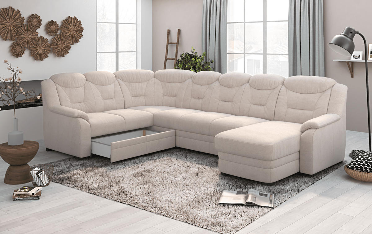 WOHNLANDSCHAFT mit Schlaffunktion und Bettkasten – weiches Chenille-Gewebe - Sandfarben/Beige, Holz/Kunststoff (330/99/211cm) - Cotta