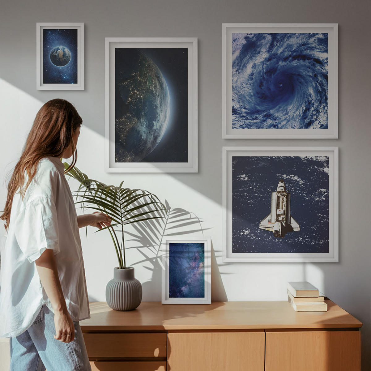 WANDBILDER 5er-Set - 50x50 cm & 20x30 cm & 40x60 cm Weißer Rahmen - Erde Weltraumsturm Galaxie - Weiß, Kunststoff (40/60cm) - ArtPrintCave