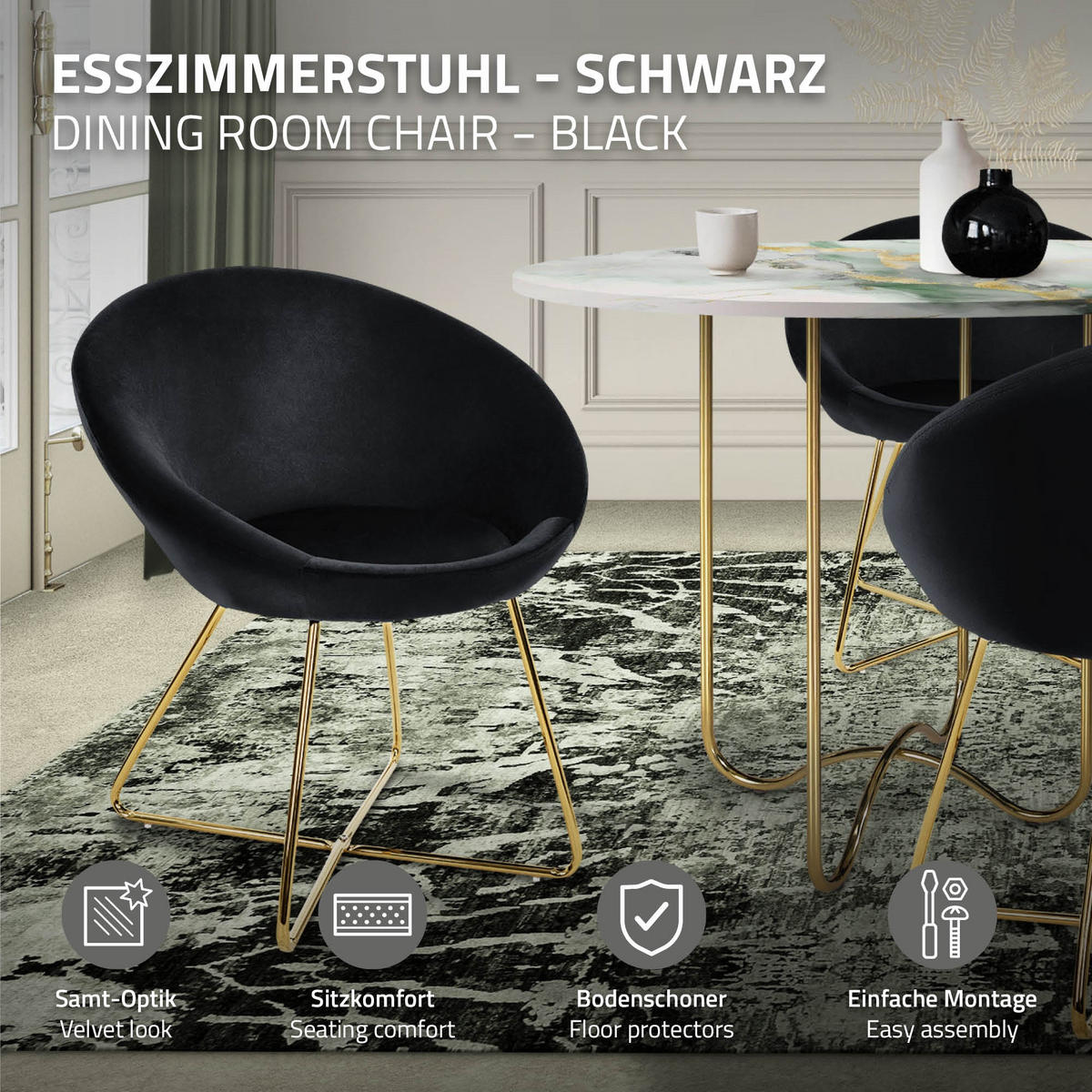 STUHL Samt schwarz - Goldfarben/Schwarz, Metall (58/74/65cm) - ML-DESIGN