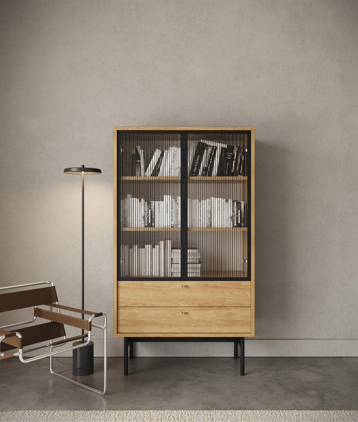 VITRINE Olar Holzoptik Hickory Natur 85 cm - Beige/Goldfarben, Holzwerkstoff/Metall (85/150/41cm) - Selsey