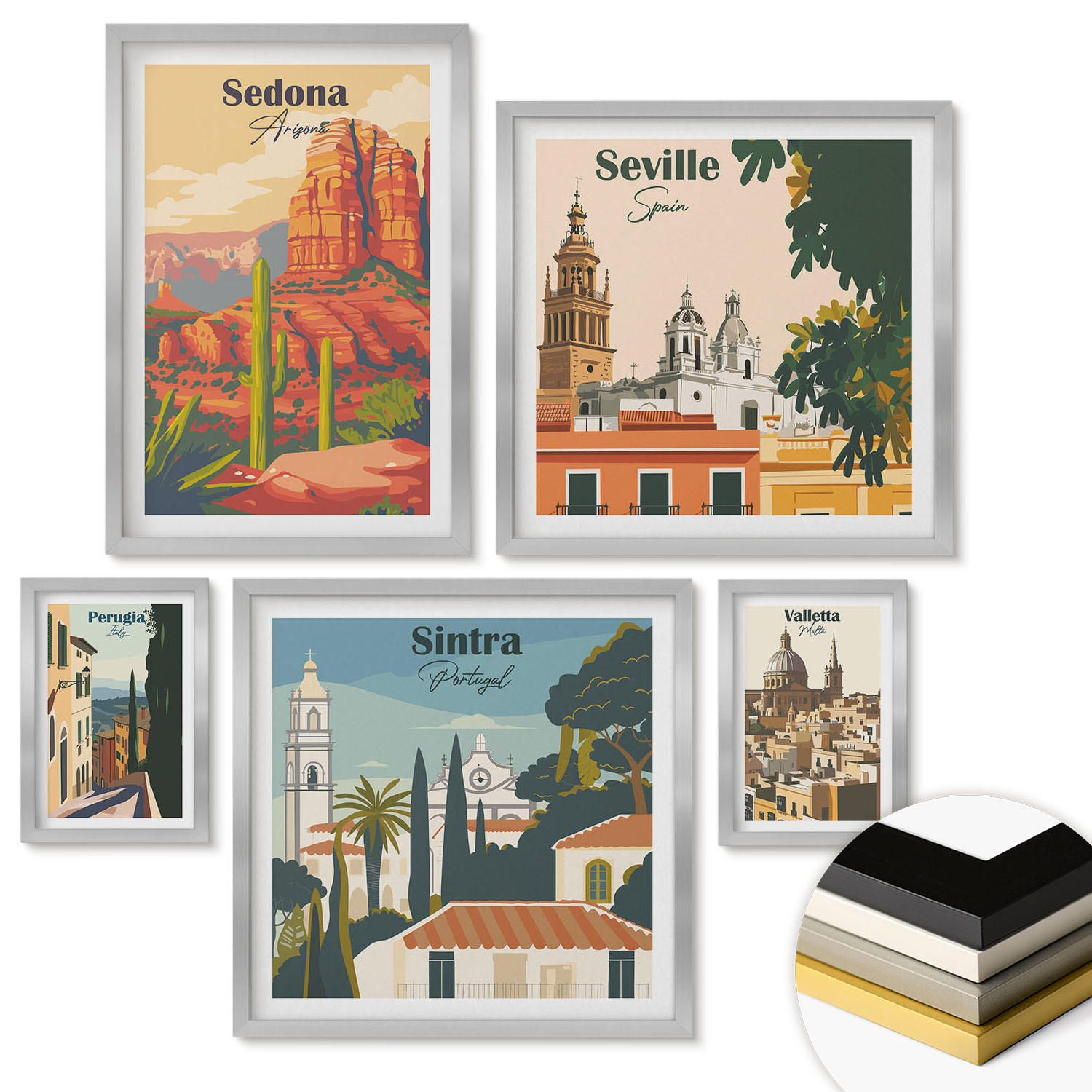 WANDBILDER 5er Set - 50x50 cm & 20x30 cm & 40x60 cm Silberner Rahmen - Illustrationen von Küstenstädten - Silberfarben, Kunststoff (40/60cm) - ArtPrintCave