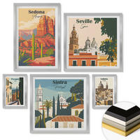WANDBILDER 5er Set - 50x50 cm & 20x30 cm & 40x60 cm Silberner Rahmen - Illustrationen von Küstenstädten - Silberfarben, Kunststoff (40/60cm) - ArtPrintCave