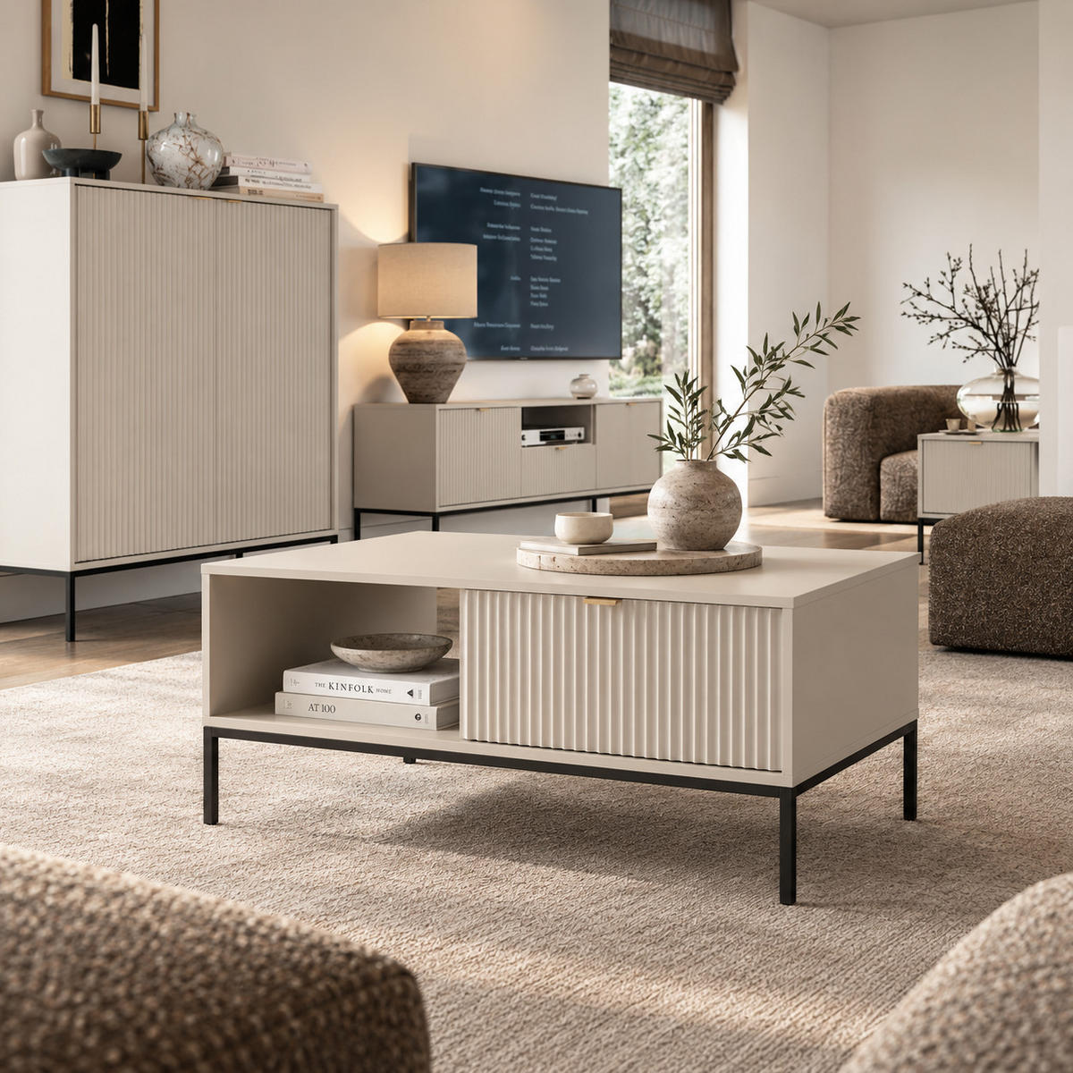COUCHTISCH Kioto 104 cm in Kaschmir mit Schubladen und Metallbeinen - Kaschmir/Goldfarben, Holzwerkstoff/Metall (68/104/46cm) - Ravio