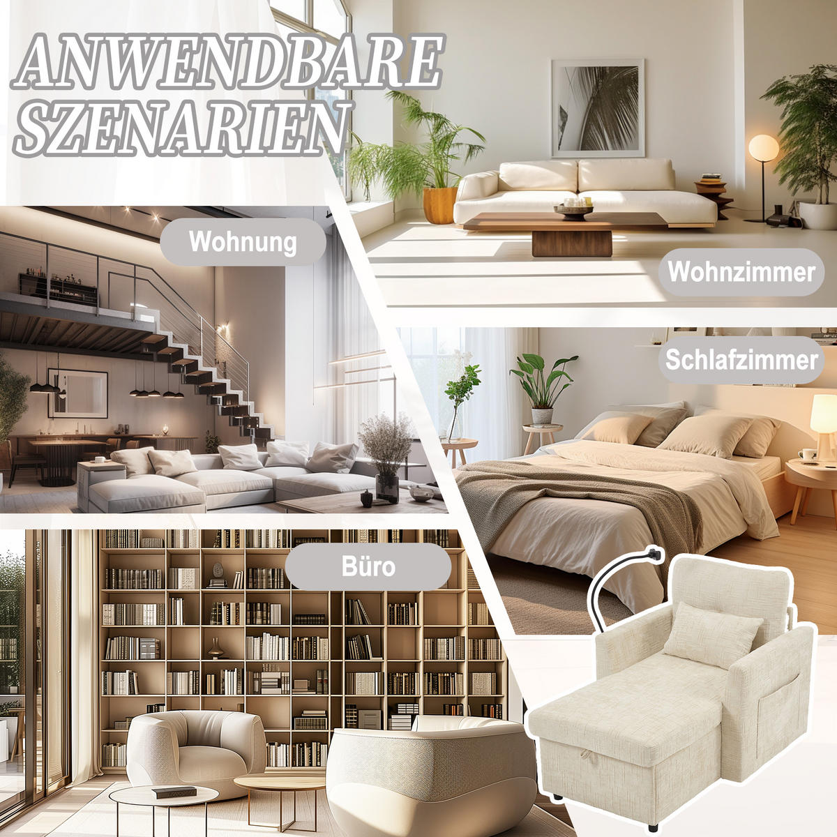 LIEGESESSEL Chenille mit Handyständer und Stauraum 125/84,5/87 cm Beige - Beige, Textil (84.5/87/125cm) - Redom