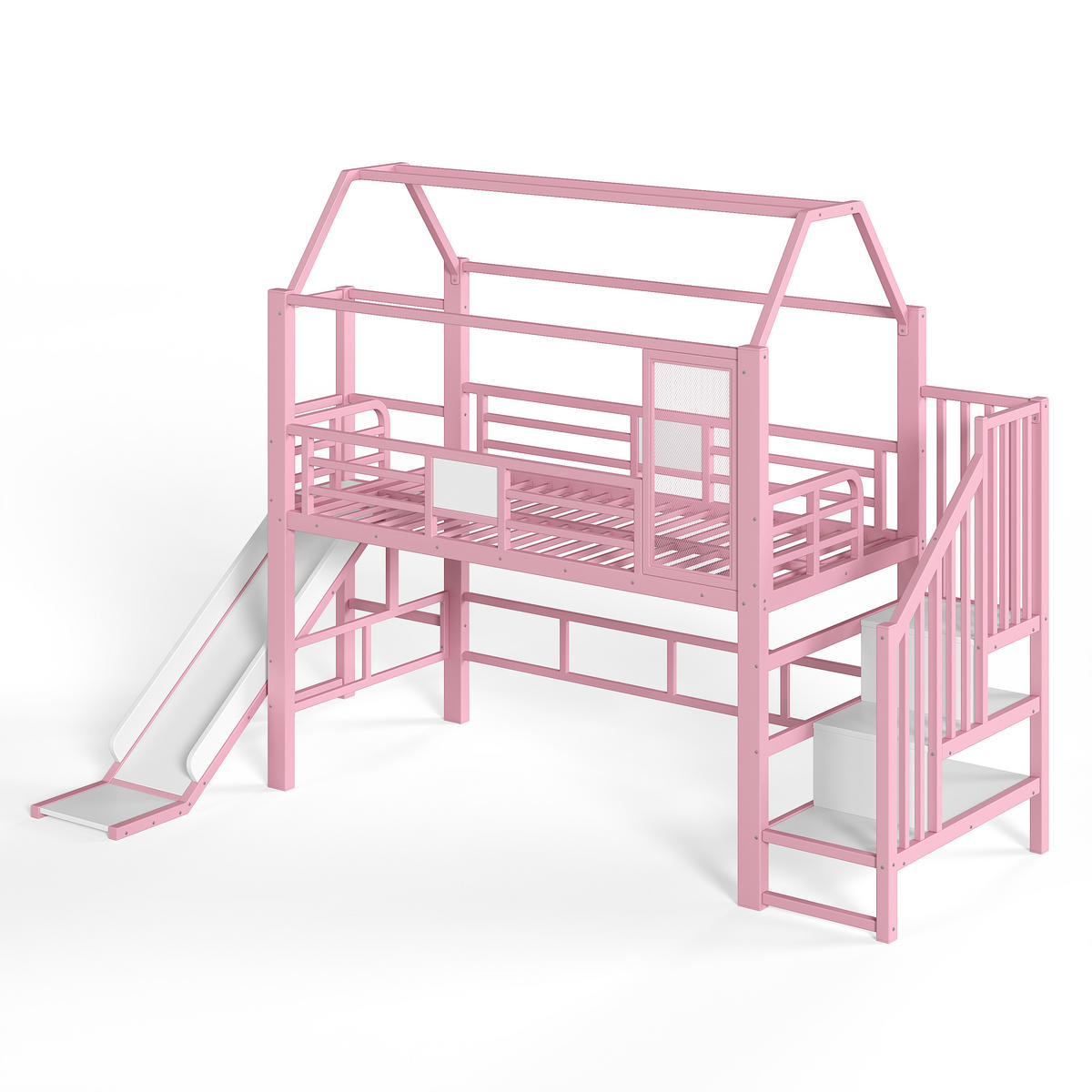 HOCHBETT 90/200cm mit Rutsche, LED/Treppe, Metall, Rosa - Rosa, Metall (90/200cm) - LVHOM