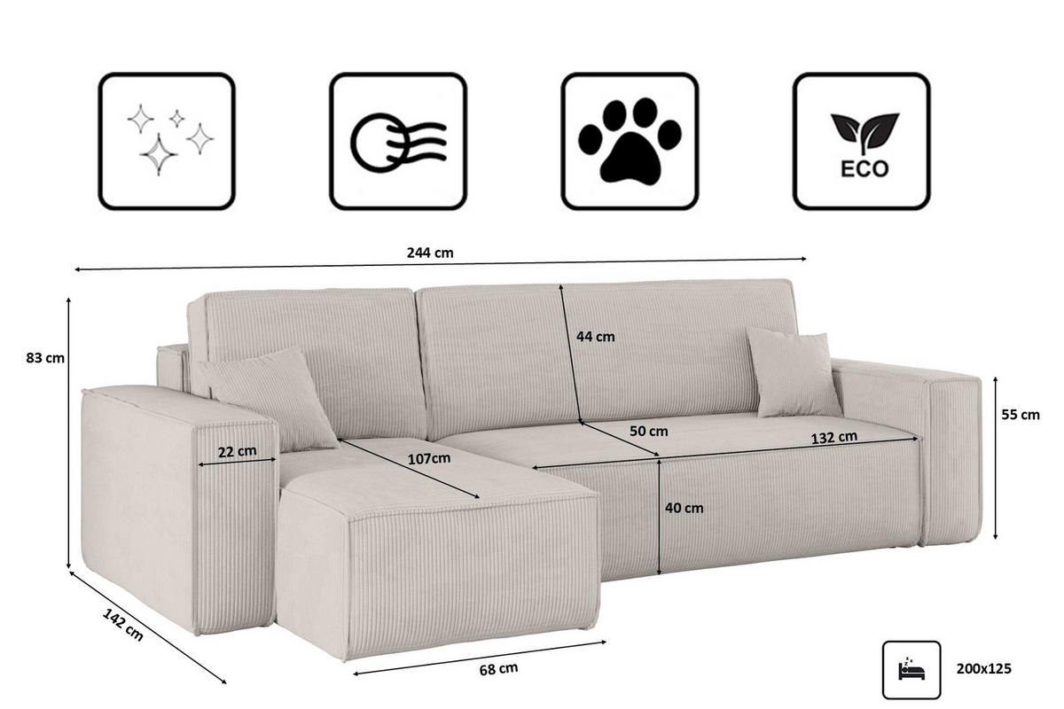 ECKSOFA Mit Schlaffunktion Und Bettkasten BEST Stoff Poso Dicker Cord Beige Links - Beige, Holz/Textil (142/244cm) - Kaiser Möbel