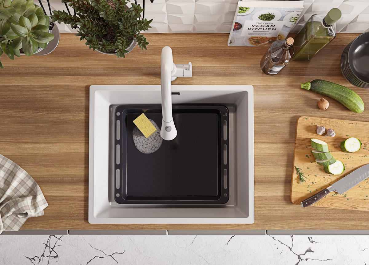 GRANITSPÜLE London Slim, 2-er set Alles Weiß 56/47 cm 1 Becken + Küchenarmatur 40/20 cm + Ablauf-Set ab 60er Unterschrank - Weiß, Kunststoff (56/20/47cm) - Primagran