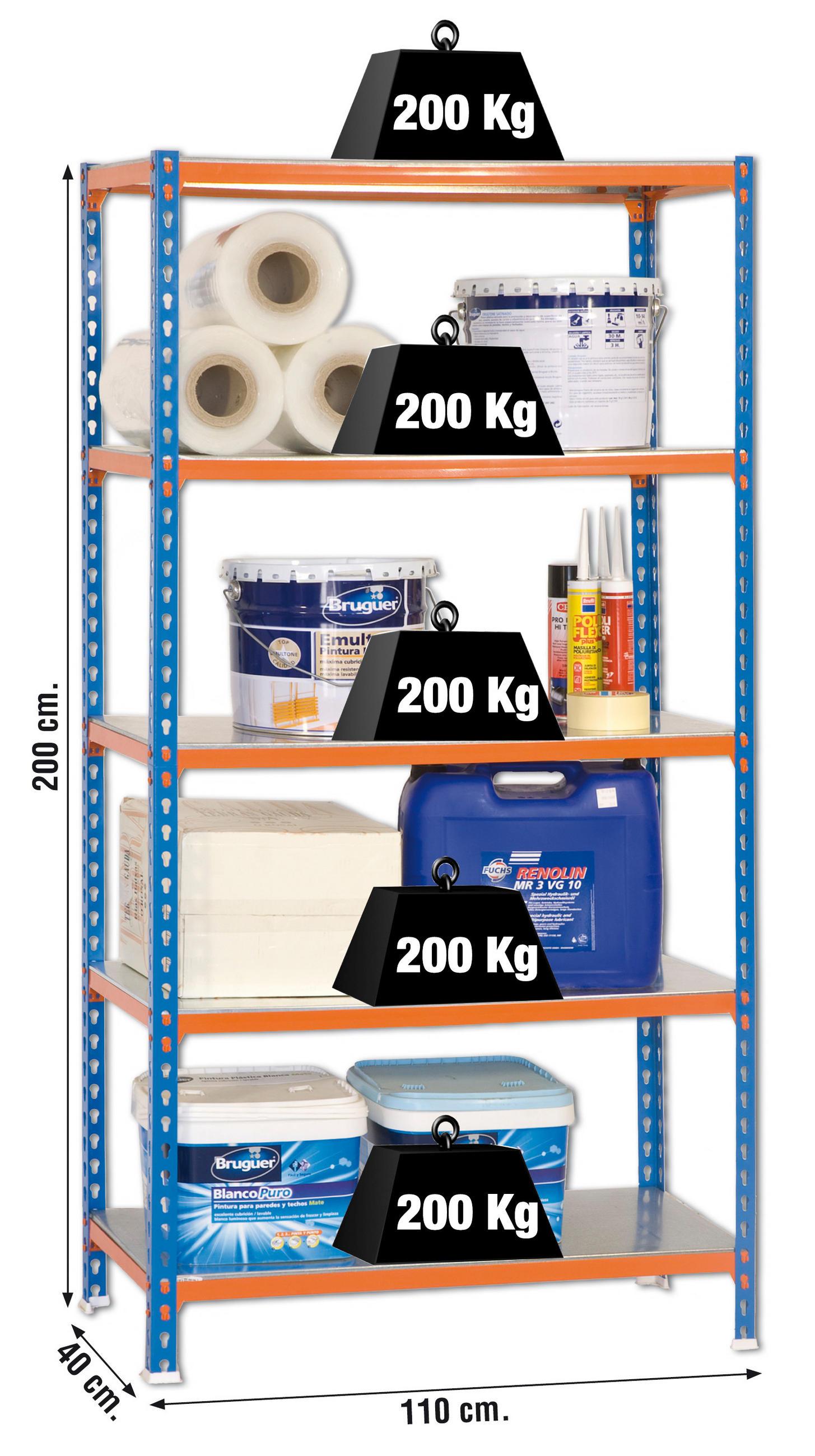 SCHWERLASTREGAL Big Metal Shark HxBxT 200 x 110 x 40 cm Fachlast 200 kg Blau-Orange - Gelb, Metall (110/200/40cm) - PROREGAL