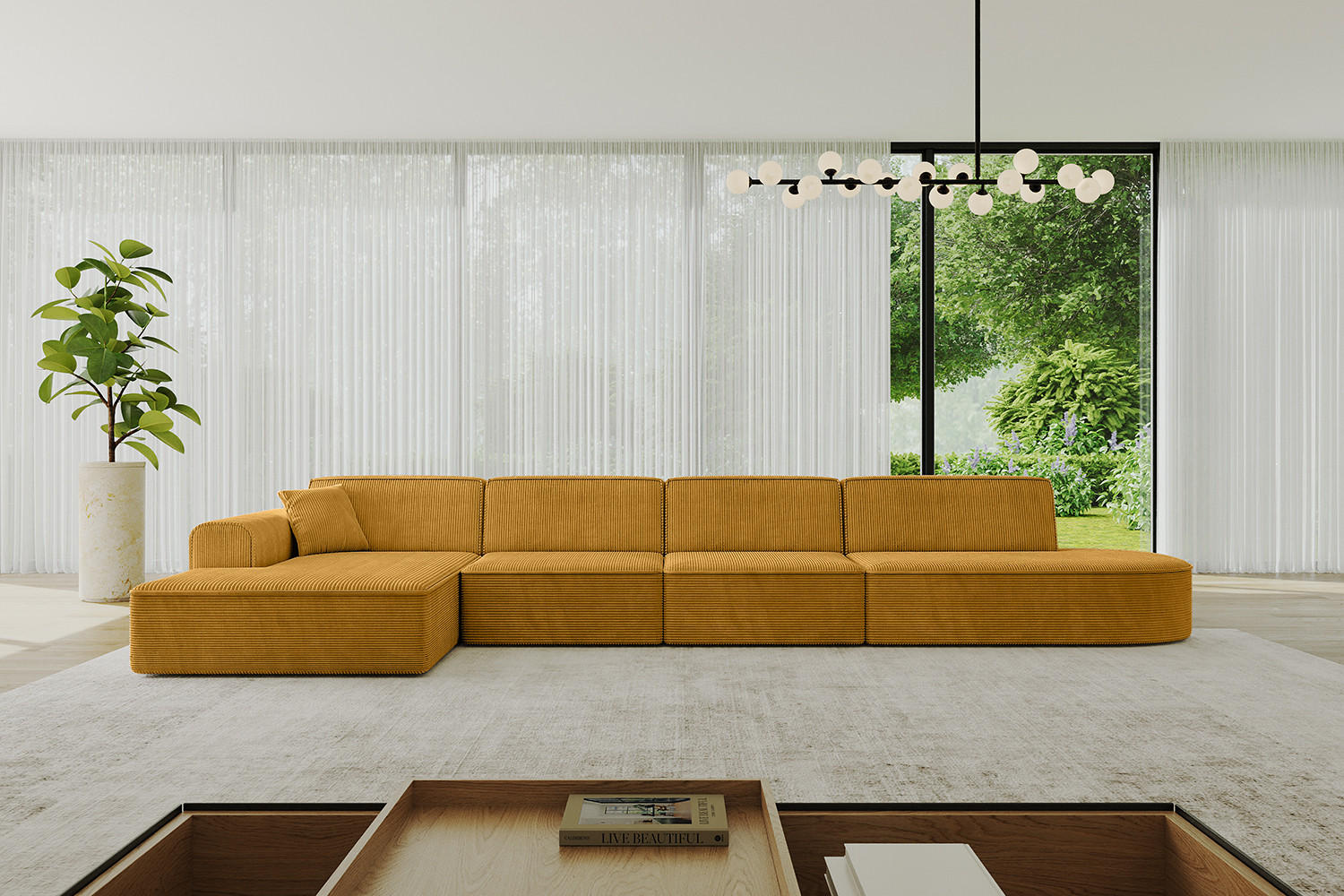 ECKSOFA Ottomane Links IREA-L3-v3 - 412x165x77 cm Senfgelb - Grün, Holzwerkstoff/Textil (412/165cm) - ALTDECOR