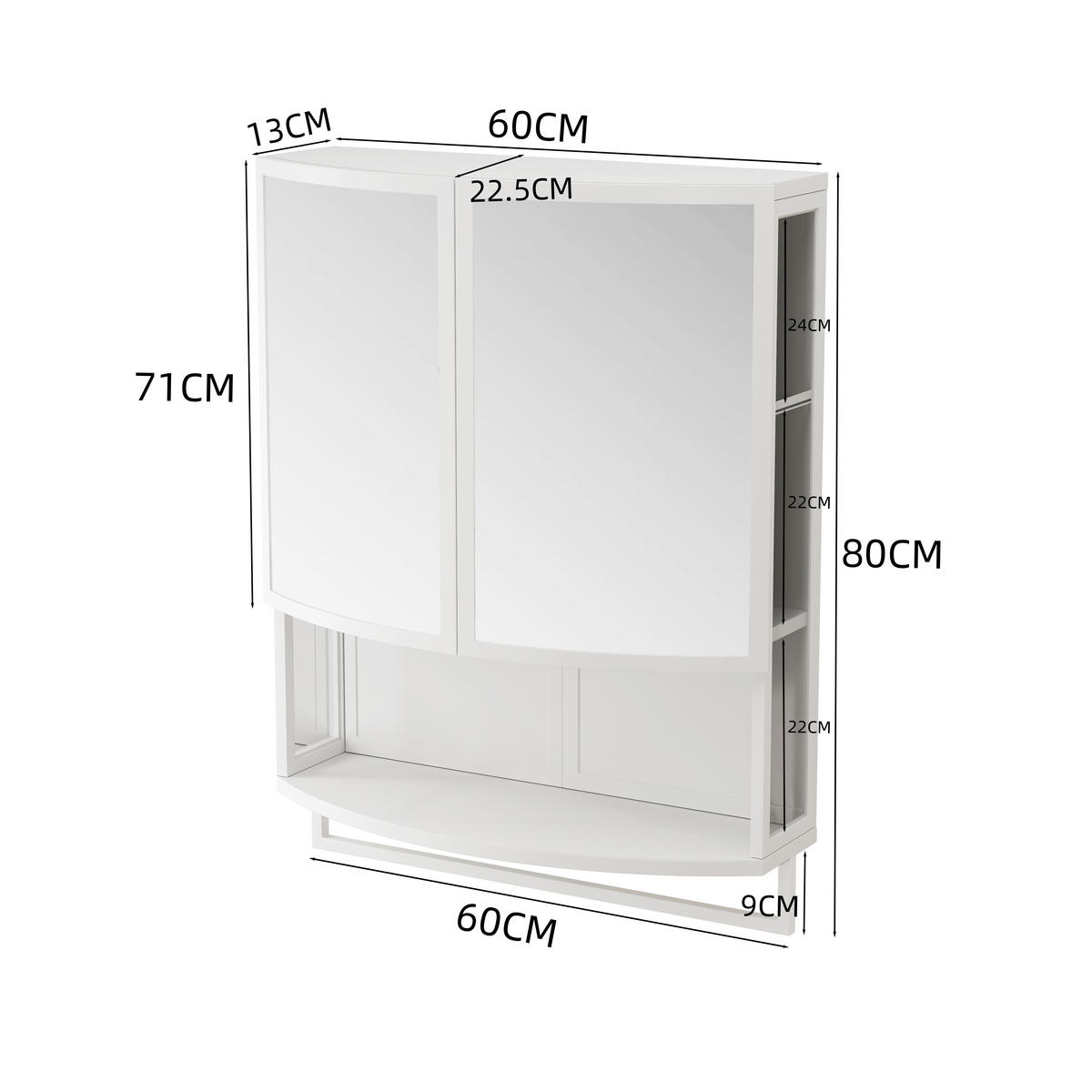 HÄNGESCHRANK 60x22.5x80 cm Weiß mit gewölbter Doppeltür Spiegel und 3 Ablagen - Weiß, Glas (60/80/22.5cm) - Modfu
