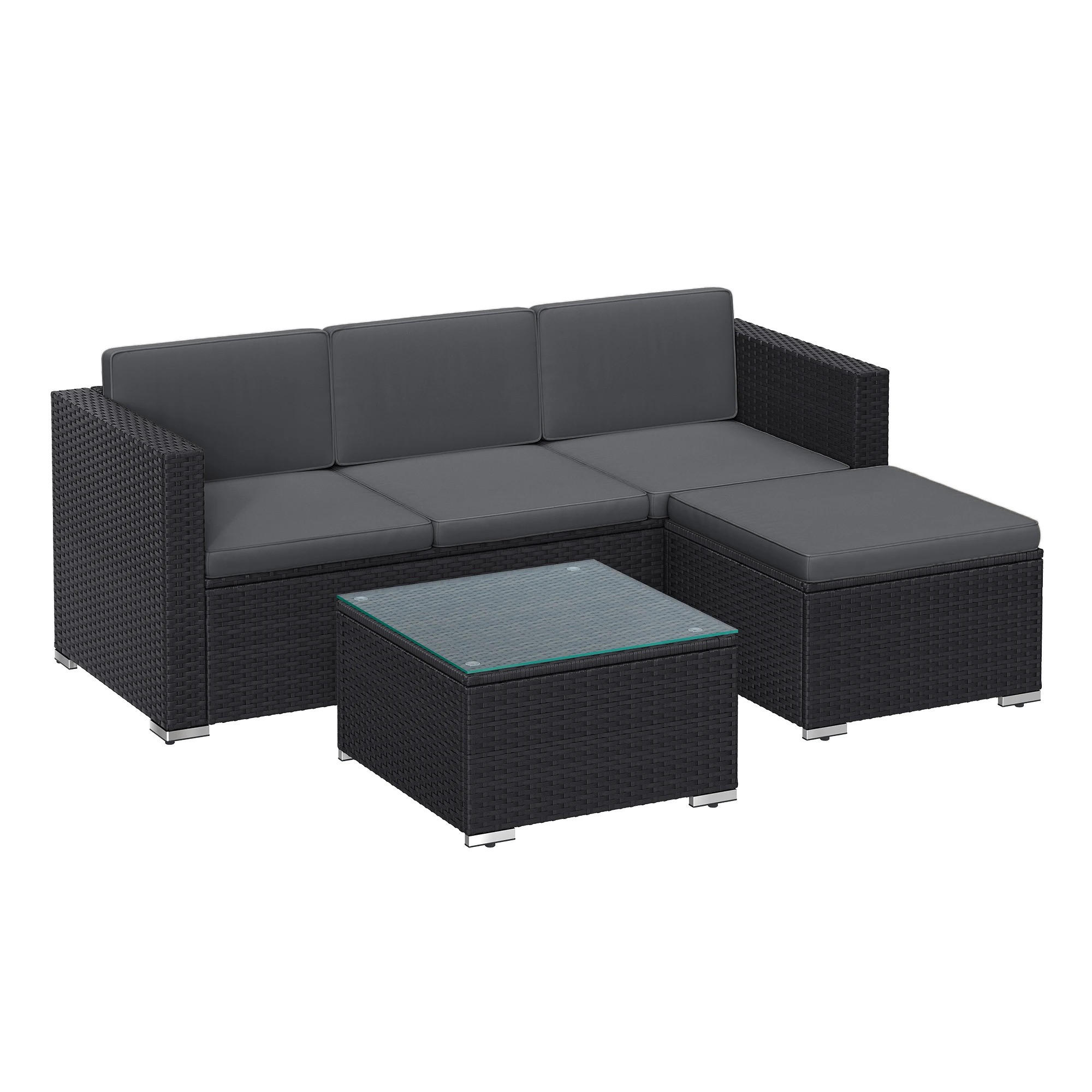 LOUNGEGARNITUR PE-Polyrattan Schwarz, Sofa mit Tisch - Schwarz, Textil - Kaket