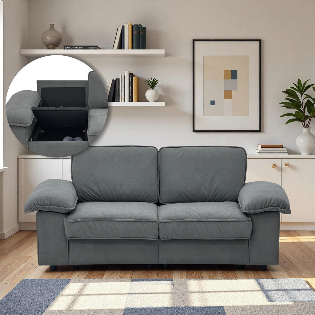 Thumbnail - Redom Sofa, Grau, Textil, 91x89x201 cm, Wohnzimmer, Sofas & Couches, Sofas, 2-Sitzer Sofas
