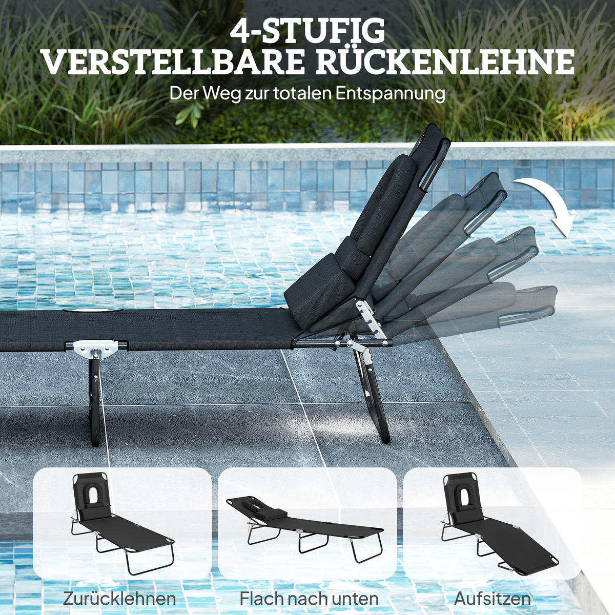 SONNENLIEGE klappbar Gartenliege mit Kopfkissen, Gesichtsloch Liegestuhl Grau - Schwarz, Textil/Metall (58/36/187cm) - Outsunny