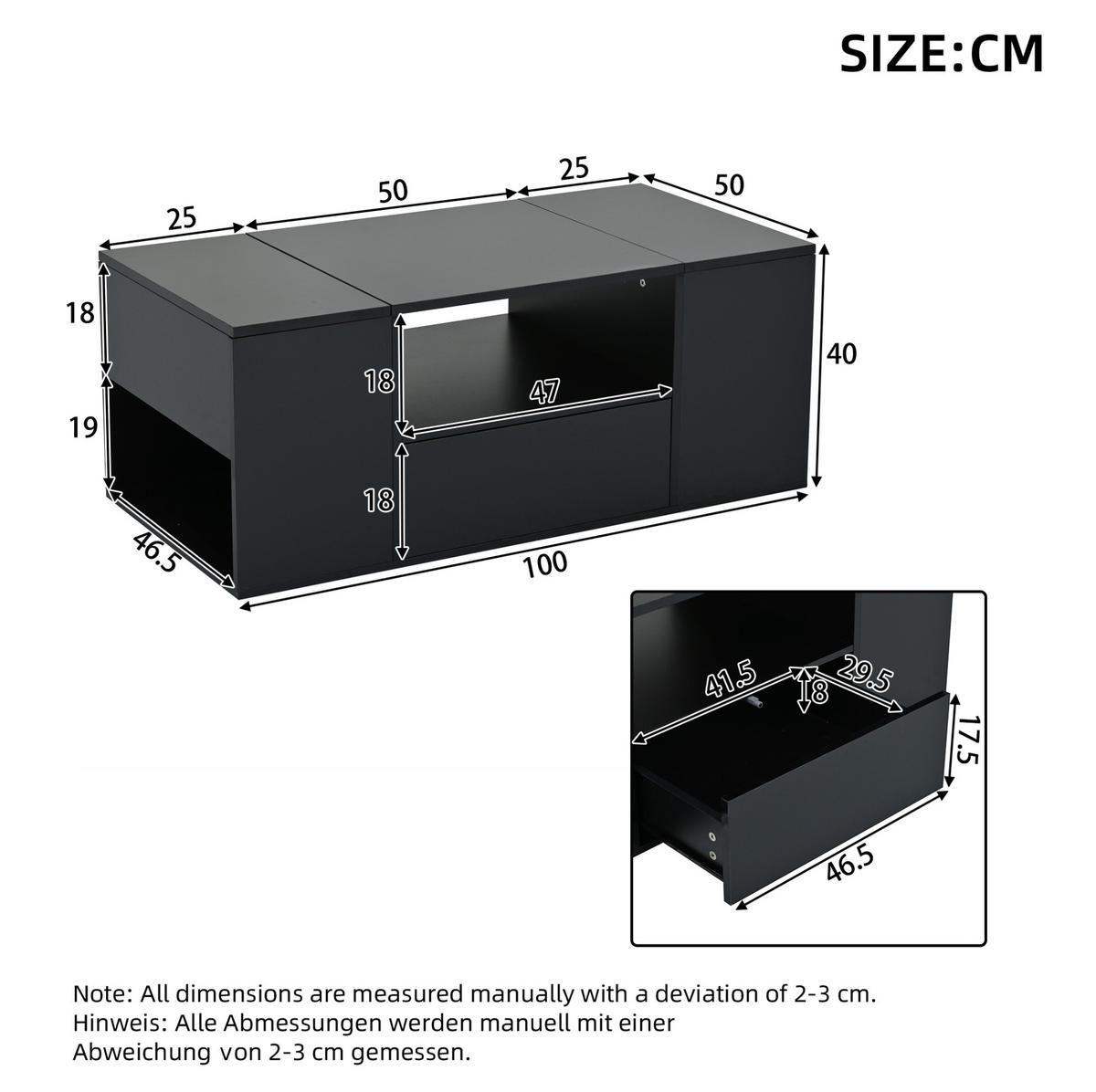 COUCHTISCH 100/50/40 cm mit LED-Beleuchtung, Schublade und 6 Staufächern aus Spanplatte, Schwarz - Schwarz, Holzwerkstoff (100/50/40cm) - Redom