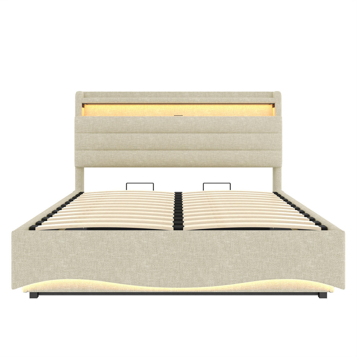 POLSTERBETT 140/200 cm in Beige Leinen mit Bettkasten, LED und USB/Type-C - Beige, Holzwerkstoff/Textil (140/200cm) - WISHDOR