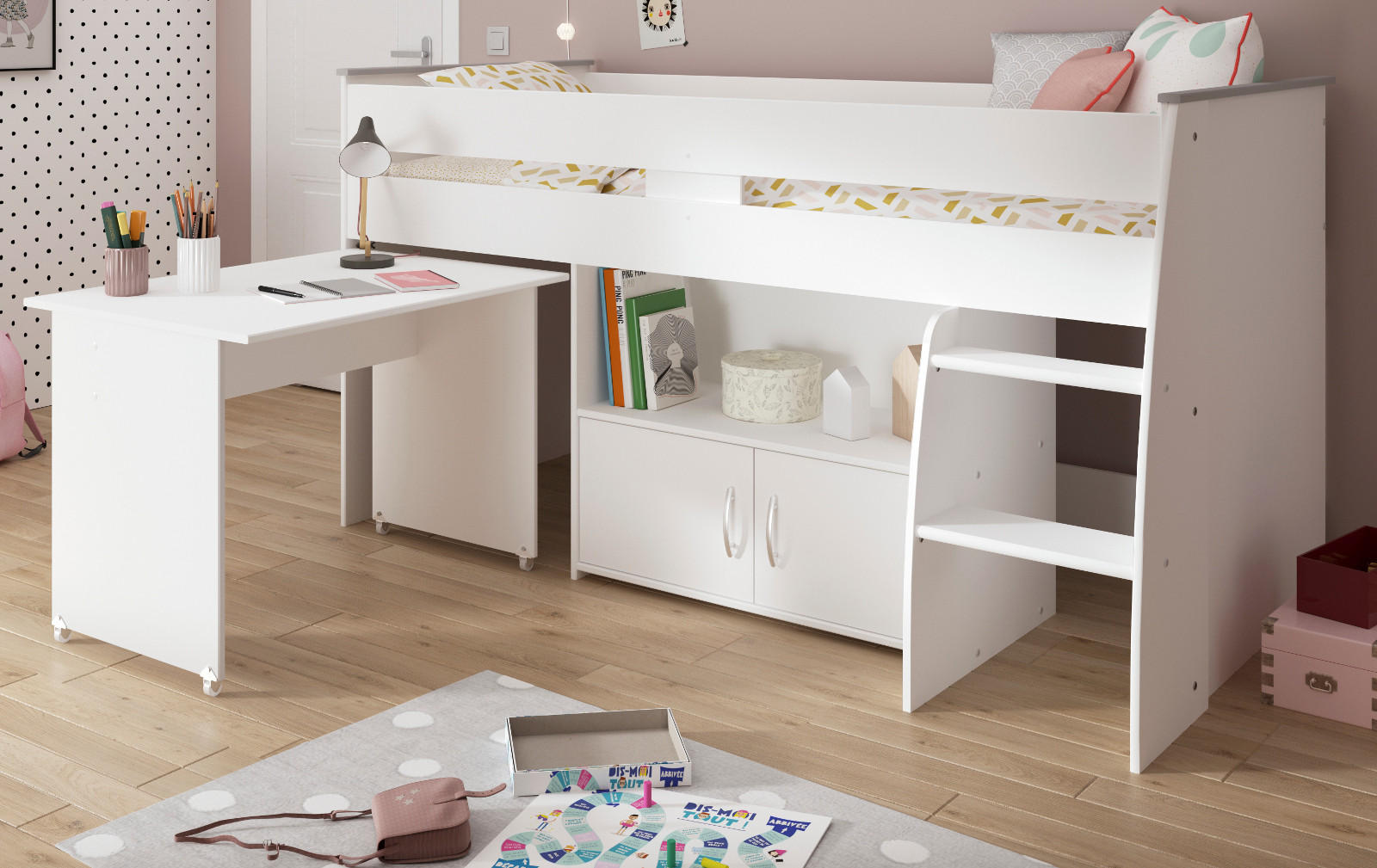 HOCHBETT Jugendzimmer Bett 90 x 200 mit Schreibtisch ausziehbar - Silberfarben/Weiß, Holz/Holzwerkstoff (90/200cm) - Parisot Meuble