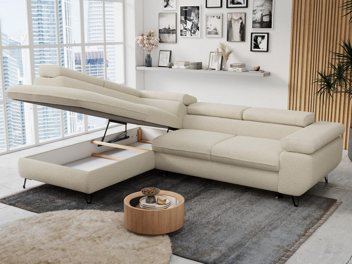 ECKSOFA PETER L Beige Boucle - Links Seite - Beige/Schwarz, Textil/Metall (208/273cm) - MKS