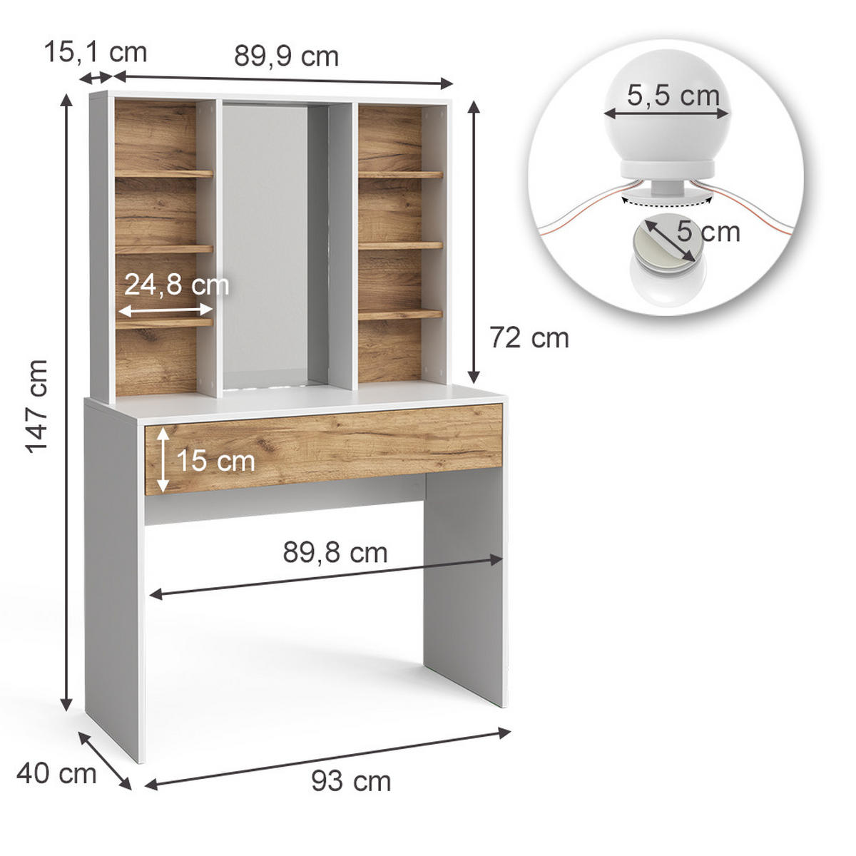 SCHMINKTISCH Alexa Goldkraft Eiche/Weiß 93 cm mit LED Beleuchtung - Honigeiche/Weiß, Holzwerkstoff (93/147/40cm) - Vicco