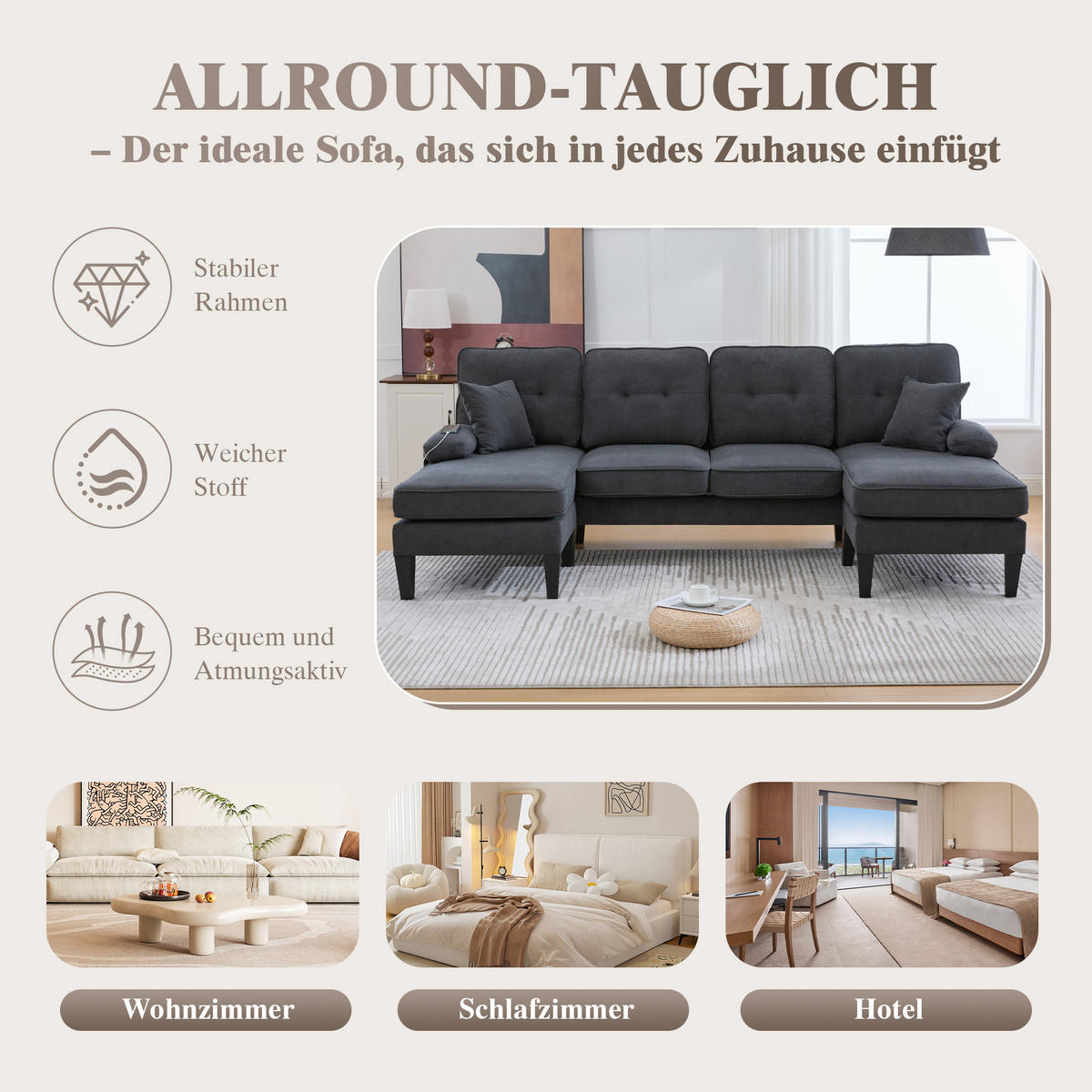 WOHNLANDSCHAFT 250/130/88 cm Dunkelgrau Leinen mit Aufbewahrungsfach und USB/Type-C-Ladeanschluss - Dunkelgrau, Textil (250/88/130cm) - Oxeza