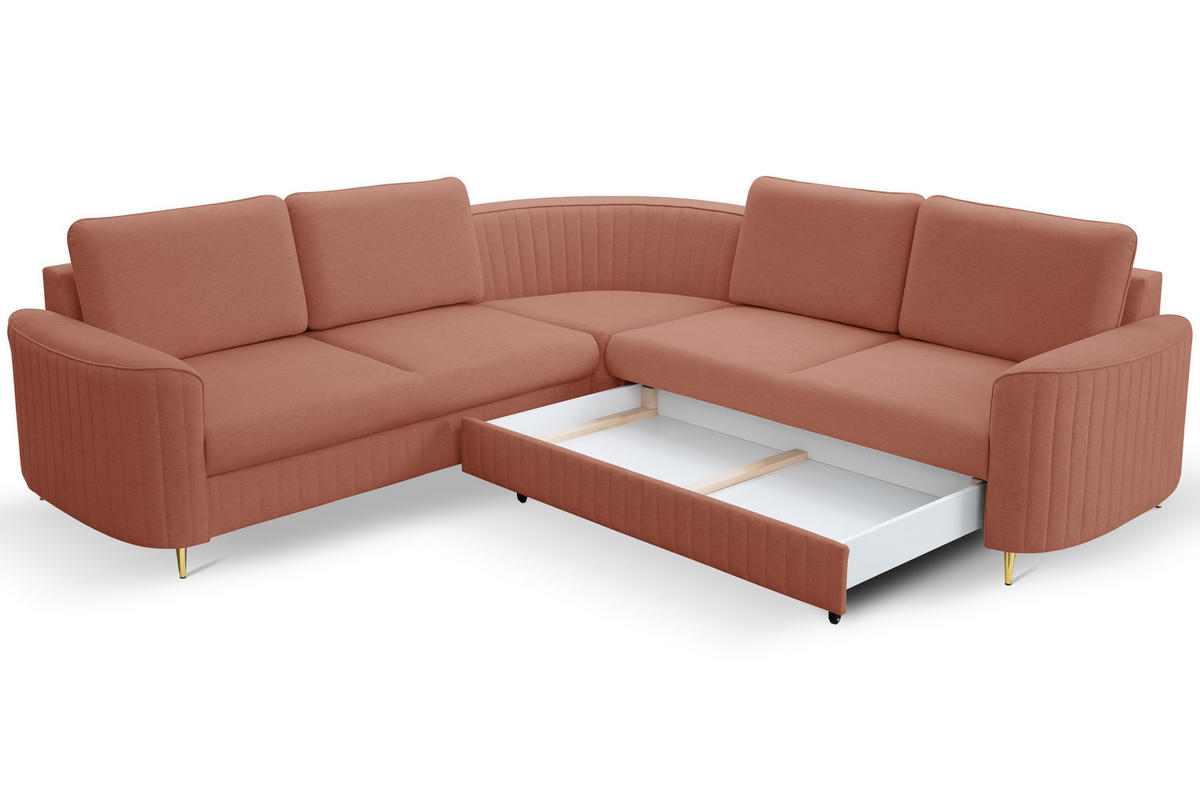 ECKSOFA LAREN, modernes Schlafsofa mit Stauraum, Plastikfüße, L-förmig, lose Rückenkissen freistehend, RECHTS 252x251x85 cm Rose - Rosa, Holz/Textil (252/251cm) - DomoHome