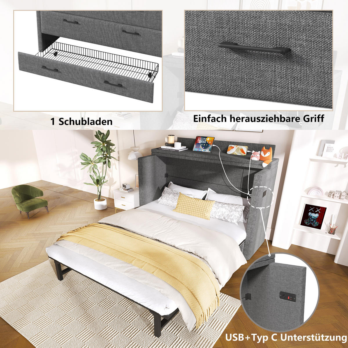 SCHRANKBETT 140x200cm Grau Leinen 1 Schublade USB-C mobiles Bett - Grau, Holz (140/200cm) - FLIEKS