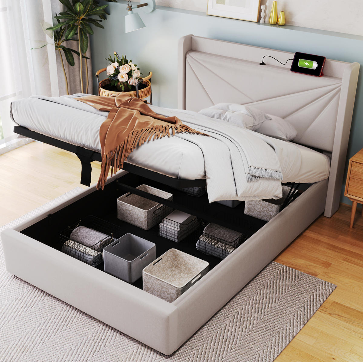 POLSTERBETT aus Baumwoll-Leinen 90x200 cm Beige mit Bettkasten, USB- und USB-C-Anschlüssen - Beige, Textil (90/200cm) - IVMEU