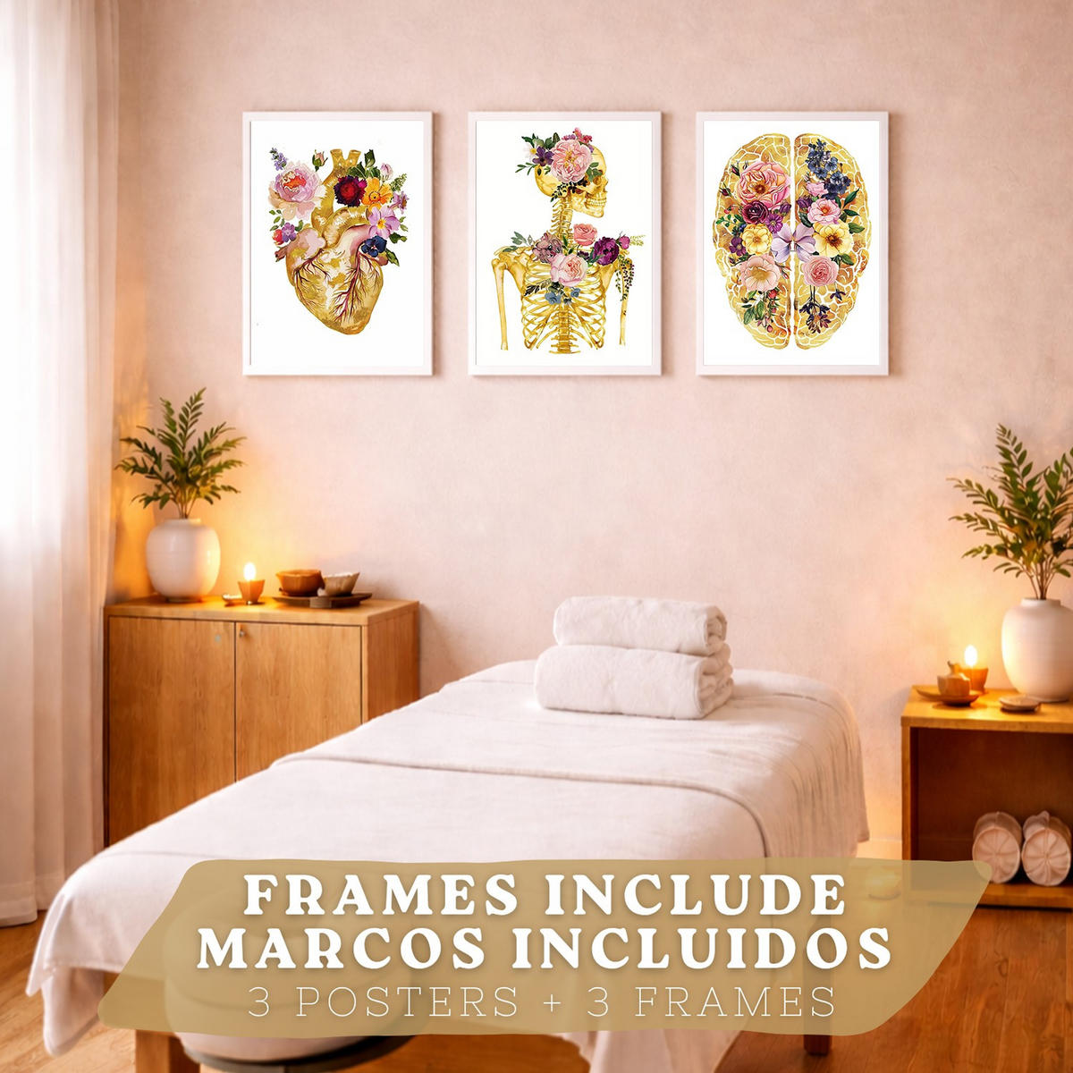 POSTER Set aus 3 Anatomie Mensch Drucke und Wandbilder mit Herz Gehirn und Skelett Goldenes Florales Design Wanddekoration Größe Weißer Rahmen A4 - Weiß, Papier (21/29.7/3cm) - Nacnic