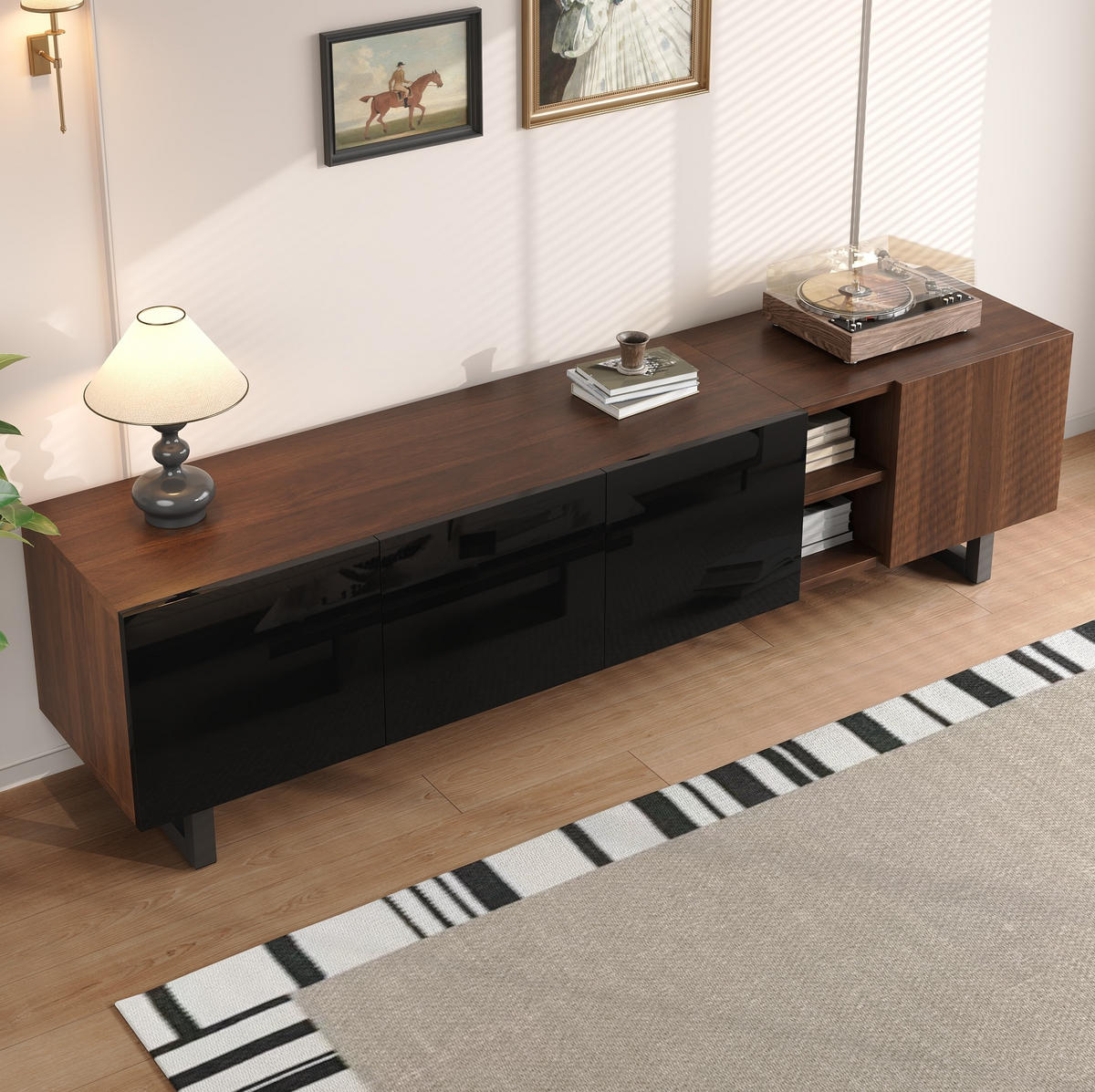TV skrinka 180/38/50 cm, čierna a prírodná, MDF, moderná minimalistická - svetlohnedá, kompozitné drevo (180/50/38cm) - BEAOK